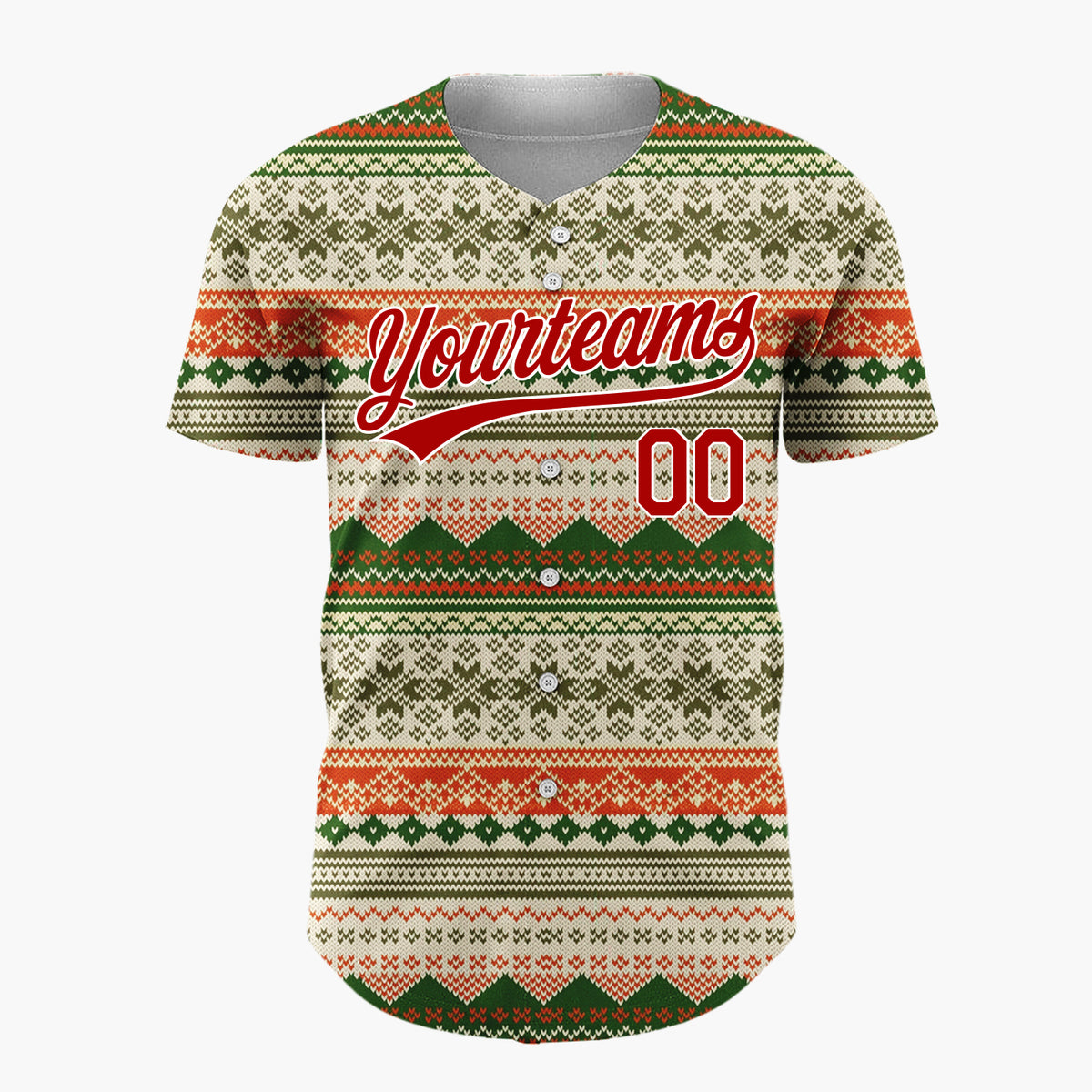 Custom Beige Green Red Nordic Geometric Knit Cozy Fair Isle Pattern Christmas Baseball Jersey