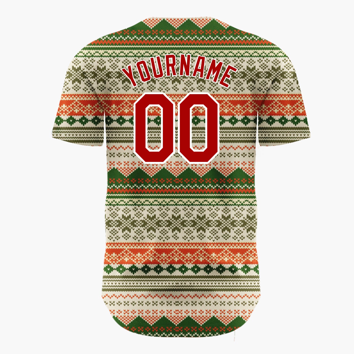 Custom Beige Green Red Nordic Geometric Knit Cozy Fair Isle Pattern Christmas Baseball Jersey