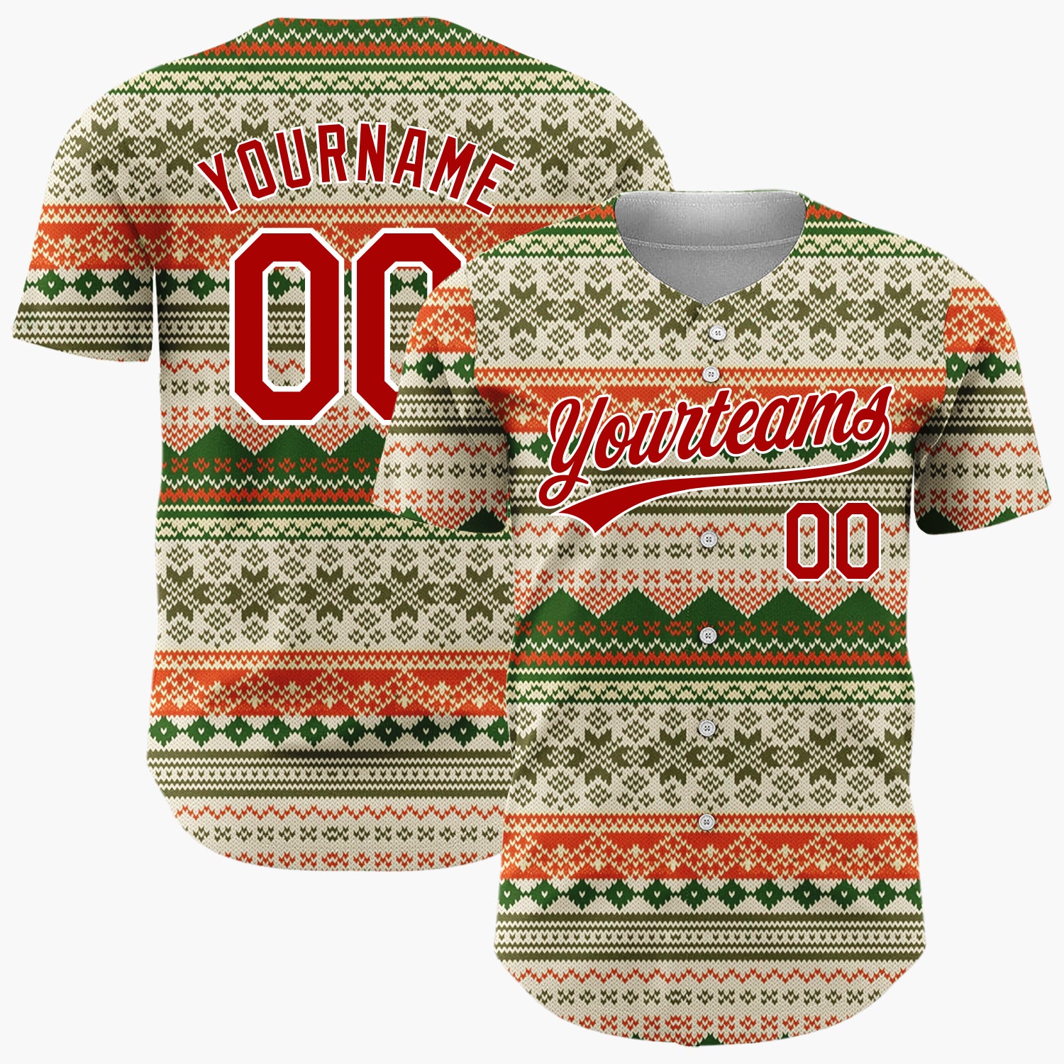 Custom Beige Green Red Nordic Geometric Knit Cozy Fair Isle Pattern Christmas Baseball Jersey