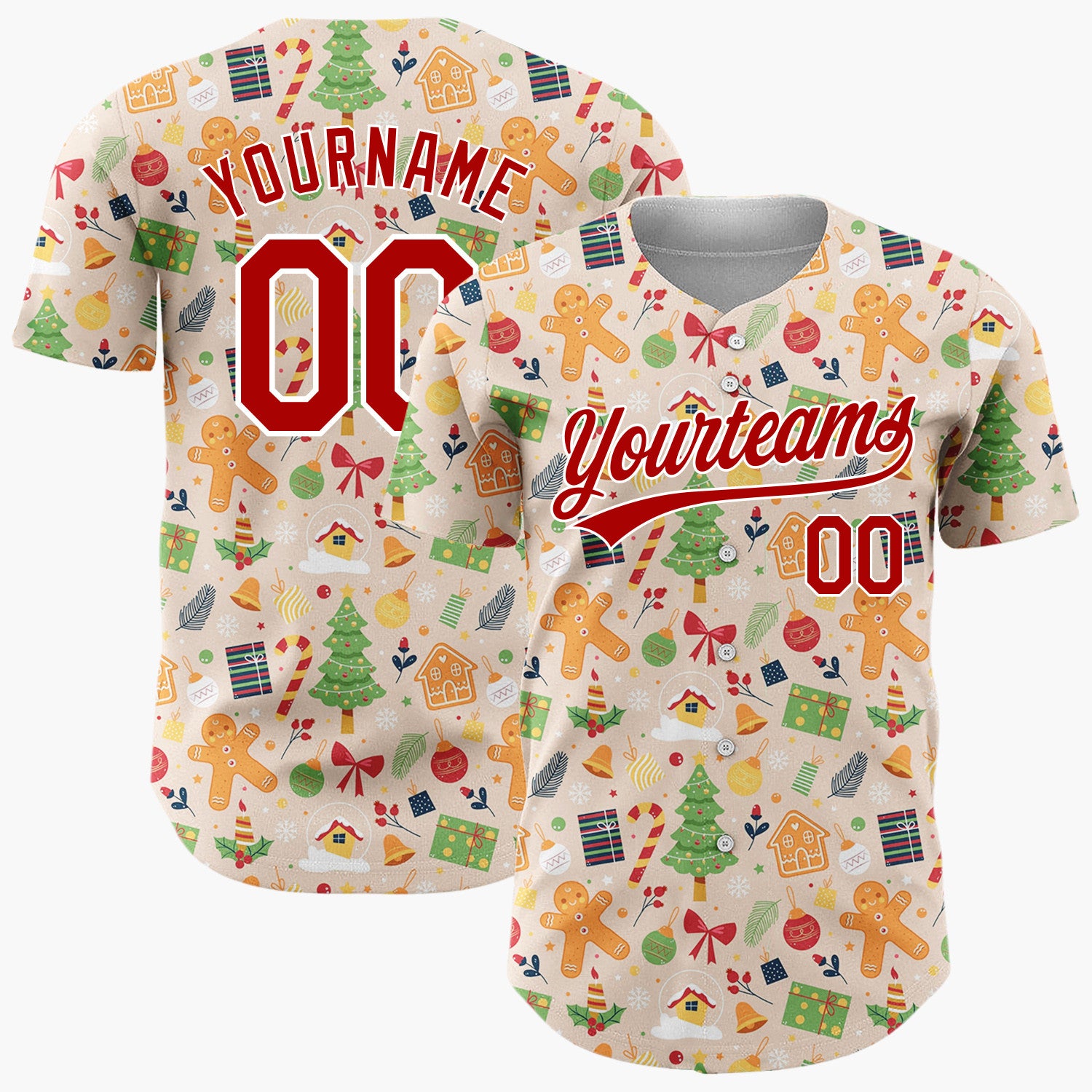 Custom Beige Christmas Characters Animals Cartoon Pattern Christmas Baseball Jersey