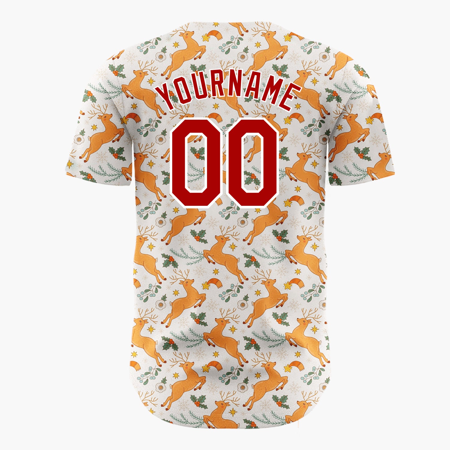 Custom Beige Orange Reindeer Holly And Snowflakes Christmas Botanical Pattern Christmas Baseball Jersey