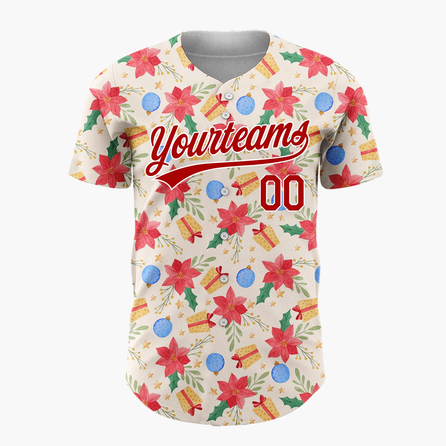 Custom Beige Red Blue Poinsettias Baubles And Gifts Elegant Floral Holiday Pattern Christmas Baseball Jersey