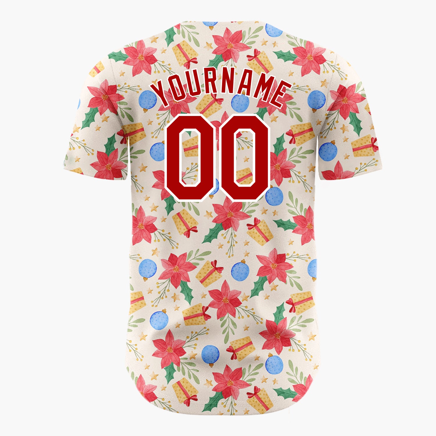 Custom Beige Red Blue Poinsettias Baubles And Gifts Elegant Floral Holiday Pattern Christmas Baseball Jersey