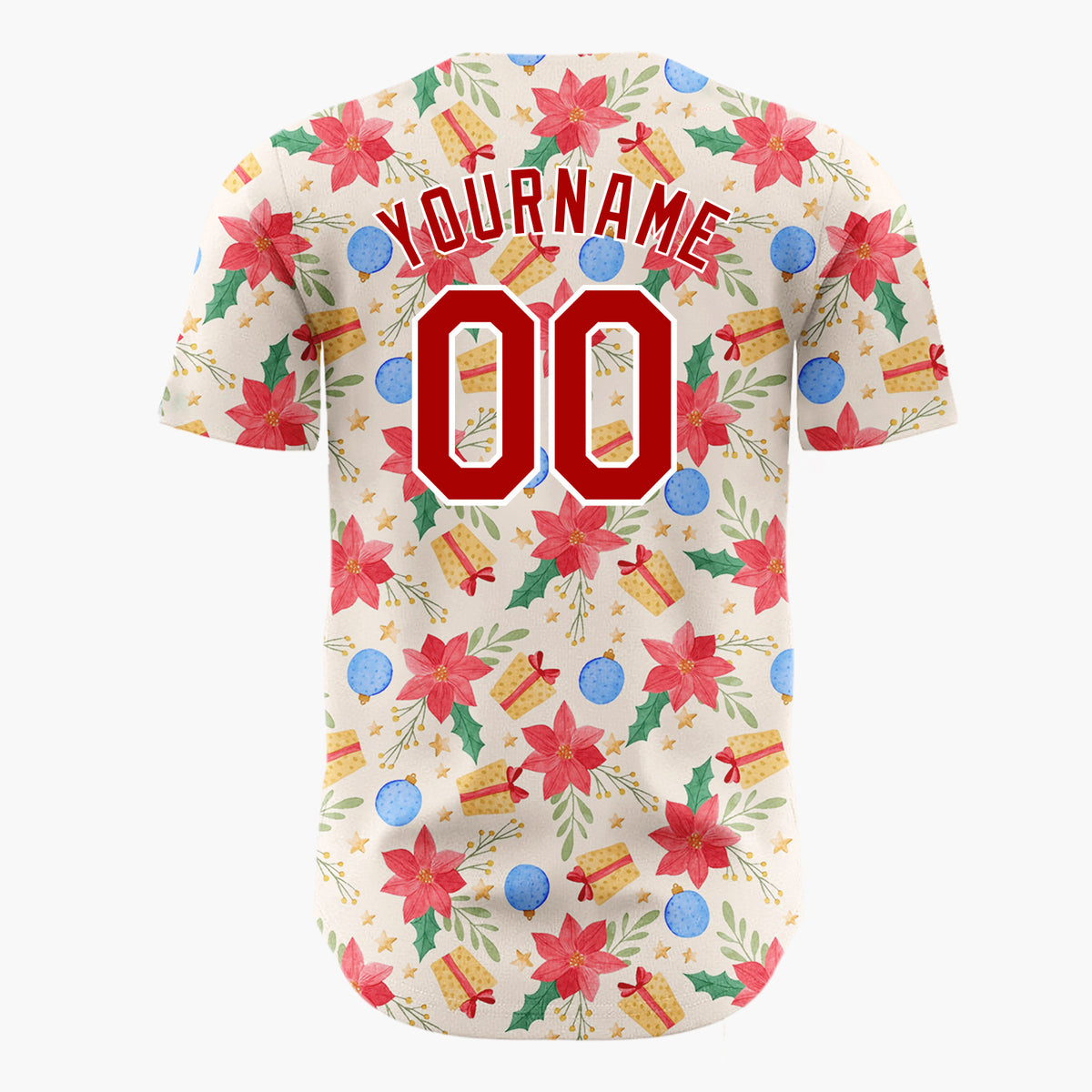 Custom Beige Red Blue Poinsettias Baubles And Gifts Elegant Floral Holiday Pattern Christmas Baseball Jersey