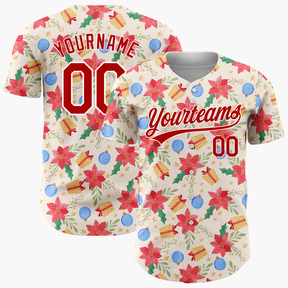 Custom Beige Red Blue Poinsettias Baubles And Gifts Elegant Floral Holiday Pattern Christmas Baseball Jersey