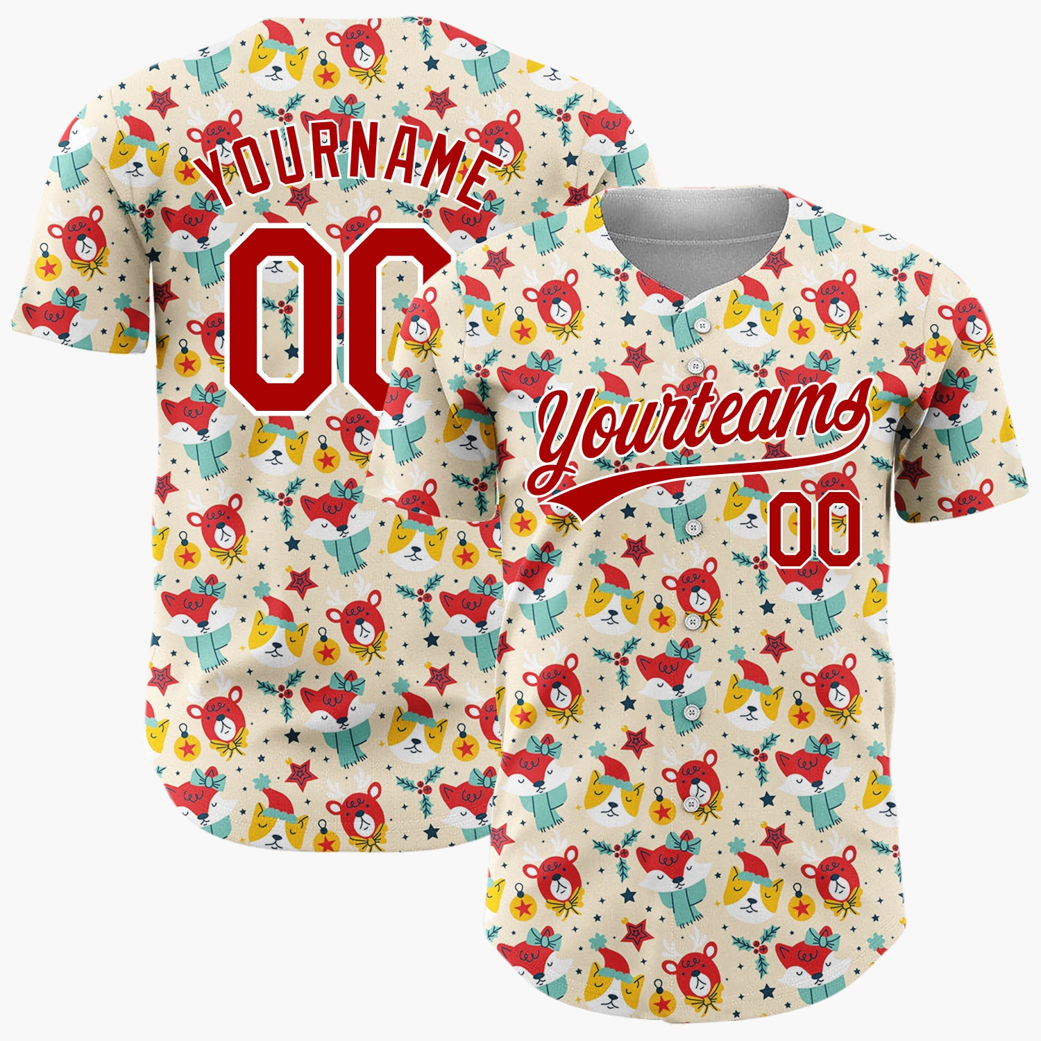 Custom Beige Red Yellow Reindeer Foxes Funny Animals Christmas Doodle Pattern Christmas Baseball Jersey