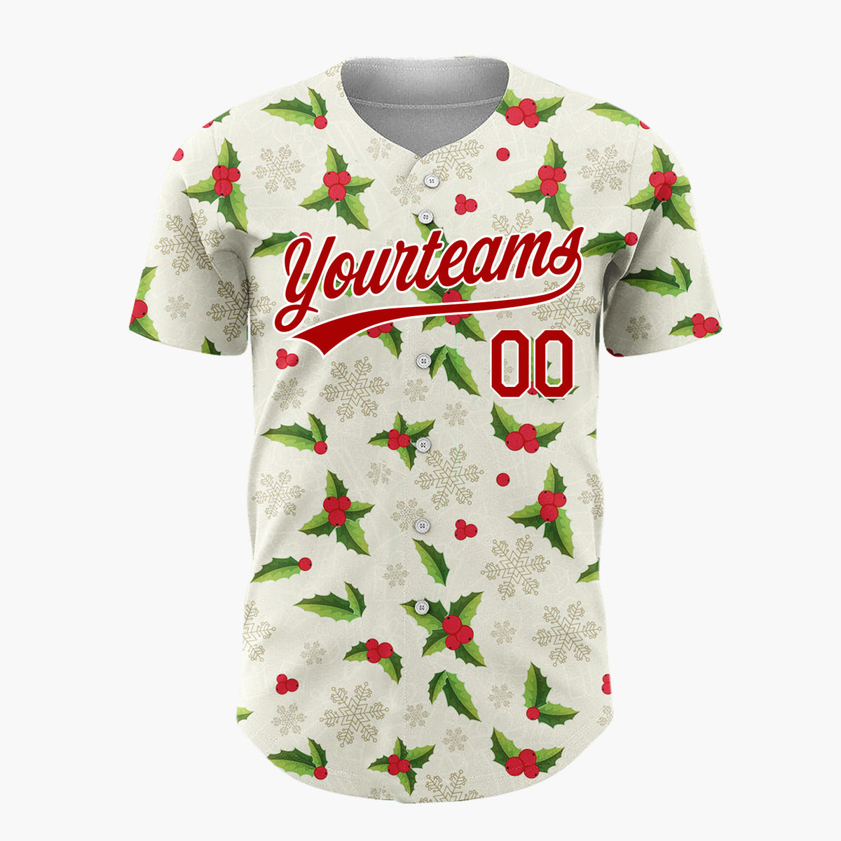 Custom Beige Green Holly Berries And Snowflakes Christmas Botanical Pattern Christmas Baseball Jersey