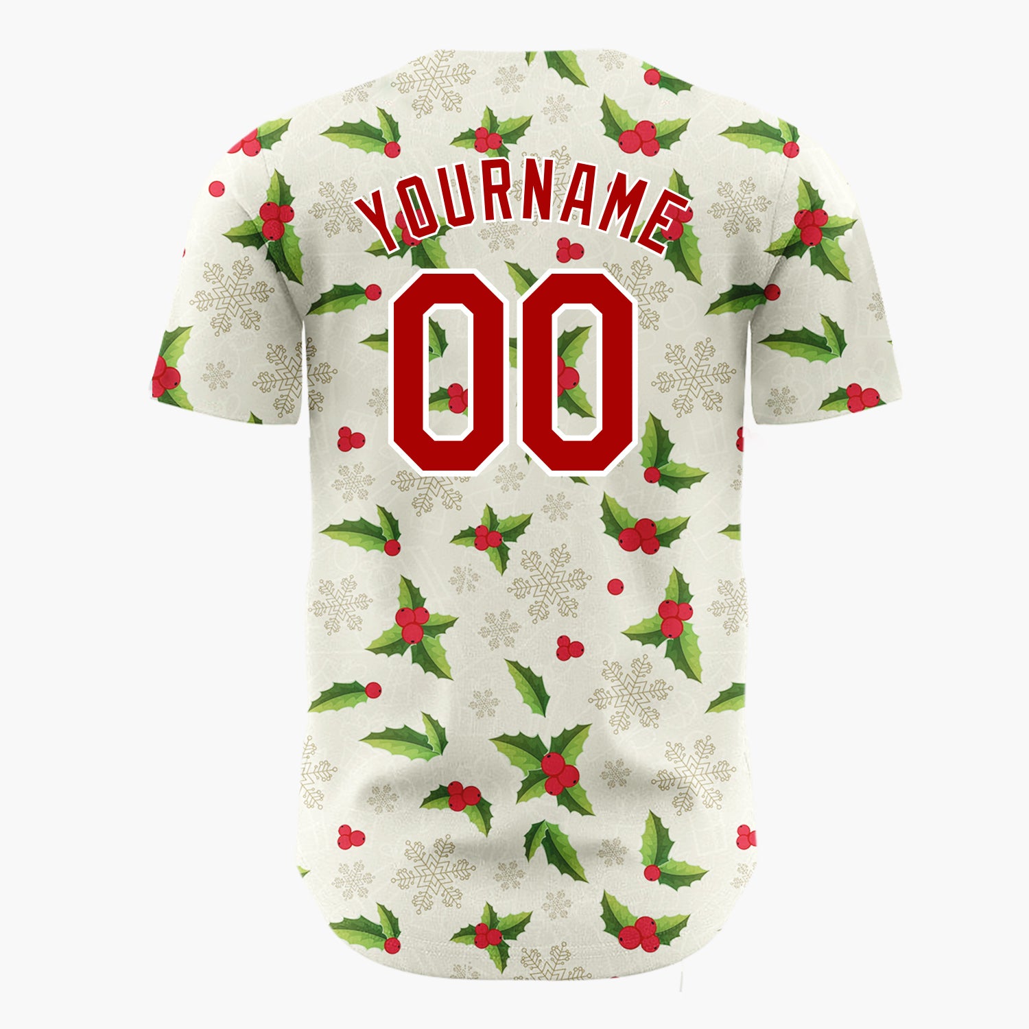 Custom Beige Green Holly Berries And Snowflakes Christmas Botanical Pattern Christmas Baseball Jersey