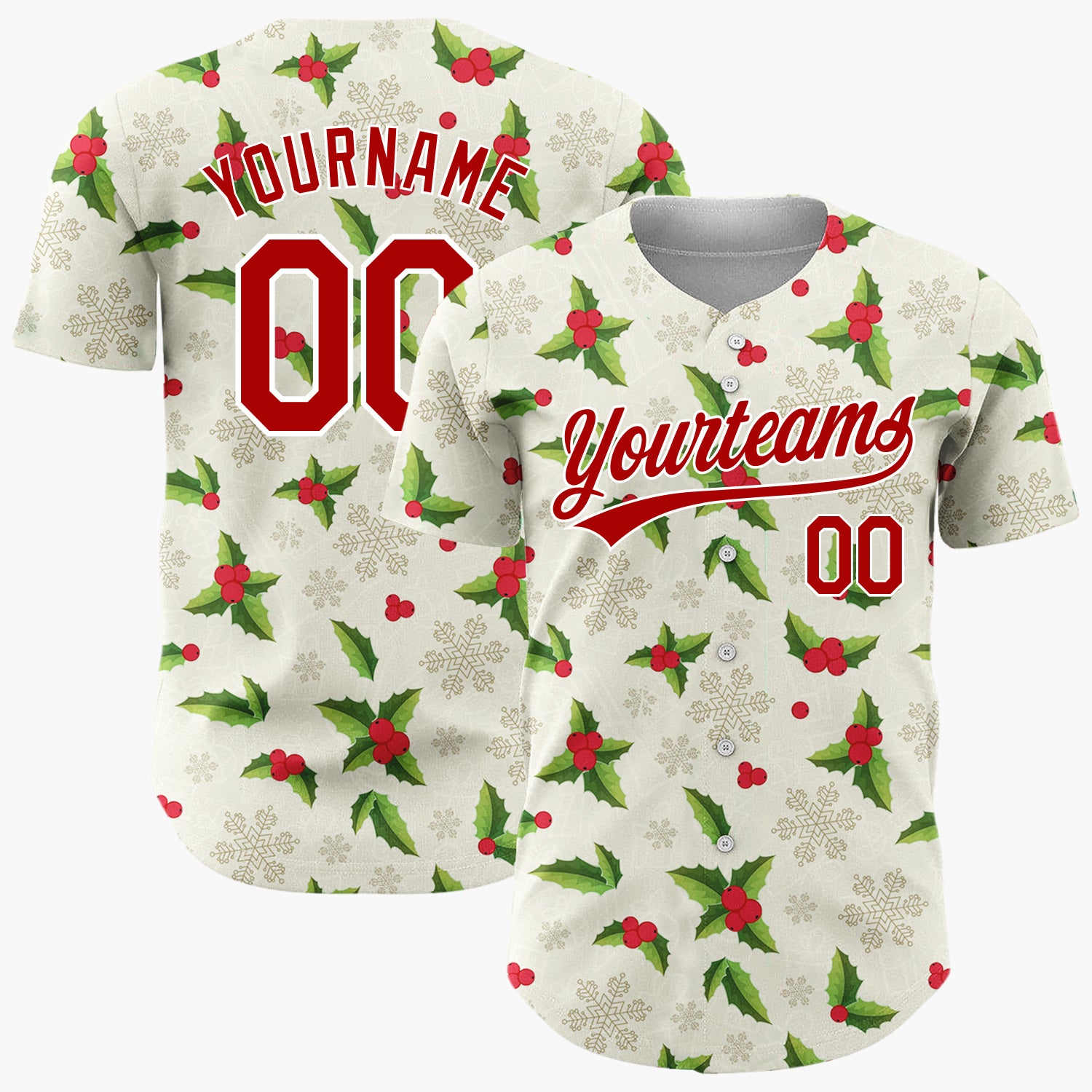 Custom Beige Green Holly Berries And Snowflakes Christmas Botanical Pattern Christmas Baseball Jersey