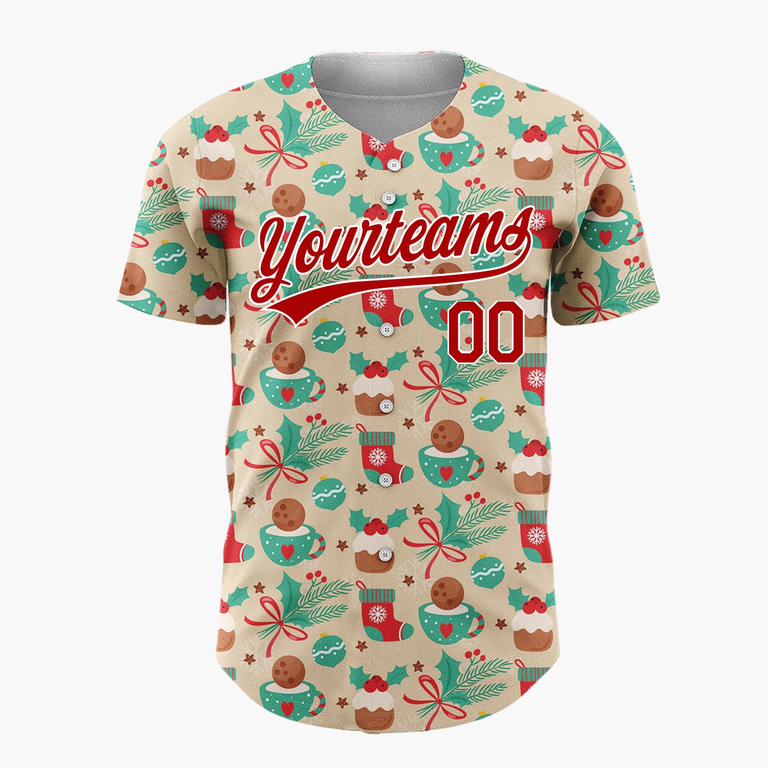 Custom Beige Christmas Pudding Holly And Stockings Festive Holiday Pattern Christmas Baseball Jersey