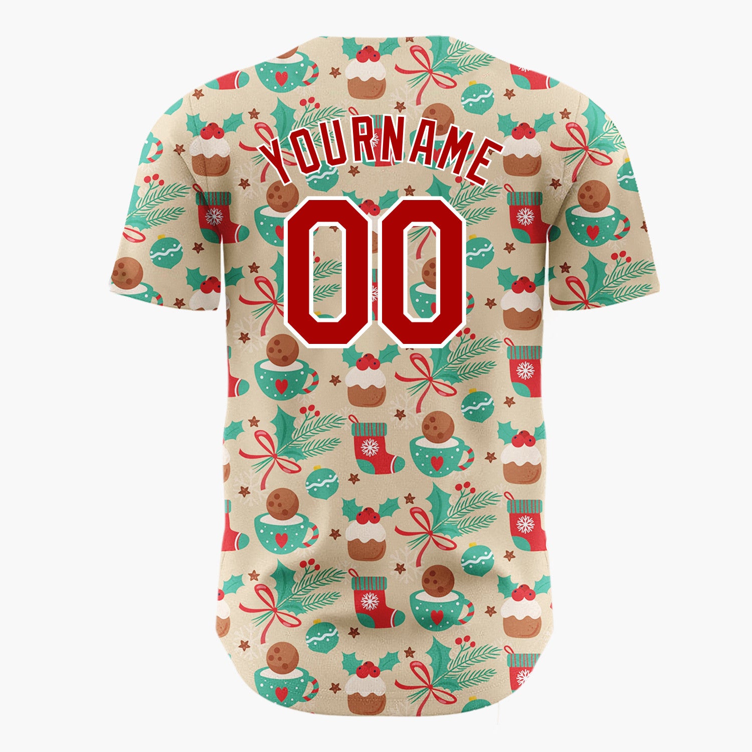 Custom Beige Christmas Pudding Holly And Stockings Festive Holiday Pattern Christmas Baseball Jersey