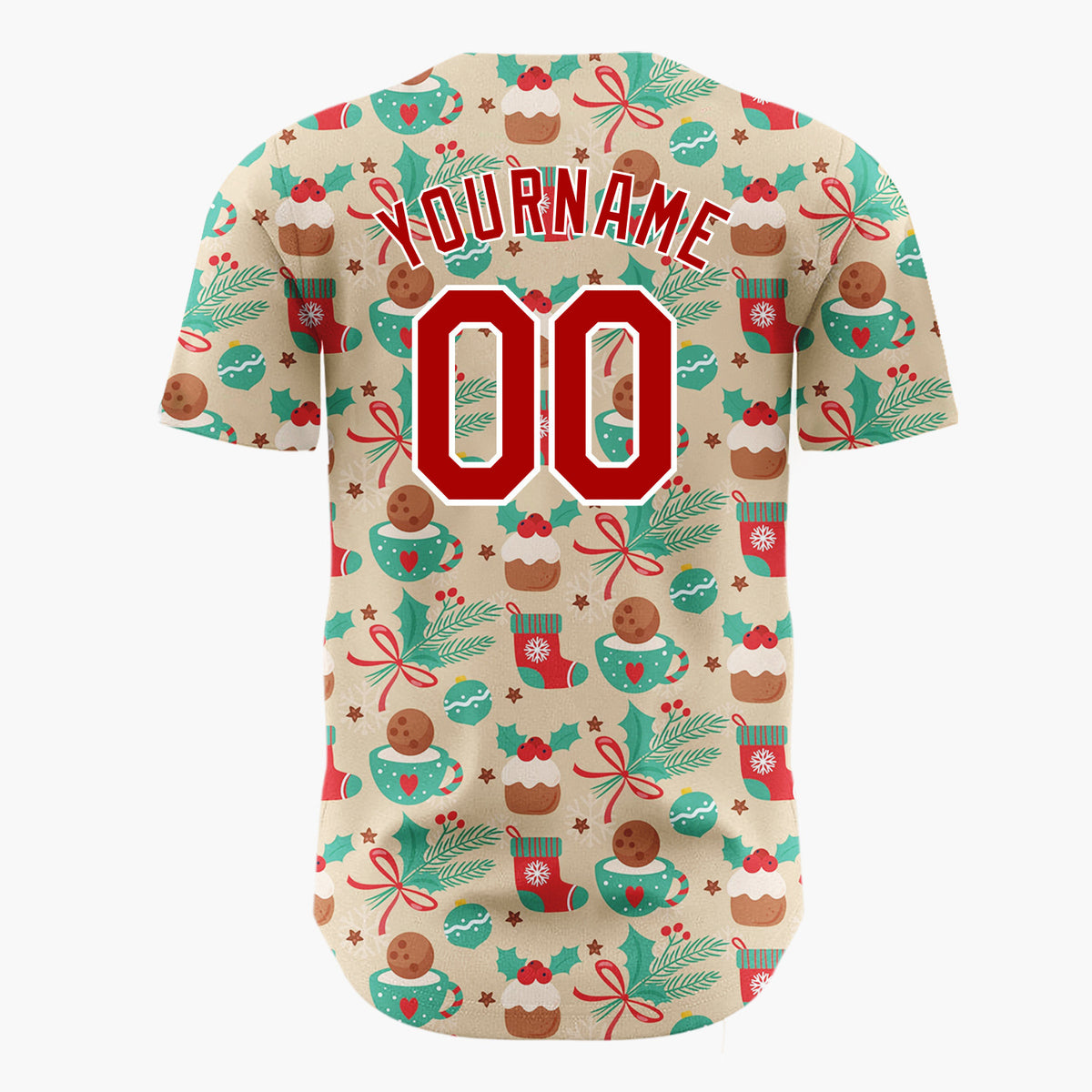 Custom Beige Christmas Pudding Holly And Stockings Festive Holiday Pattern Christmas Baseball Jersey