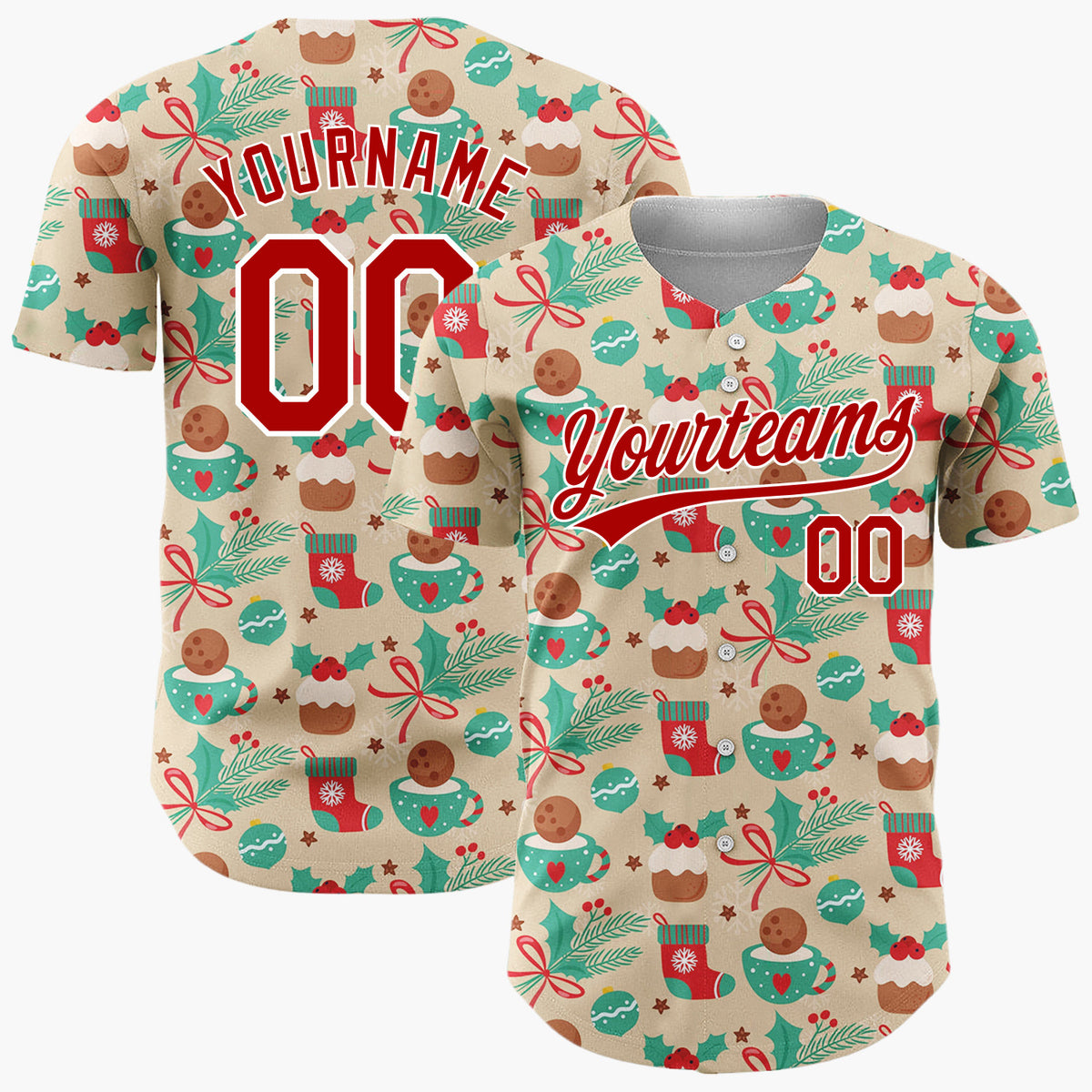 Custom Beige Christmas Pudding Holly And Stockings Festive Holiday Pattern Christmas Baseball Jersey