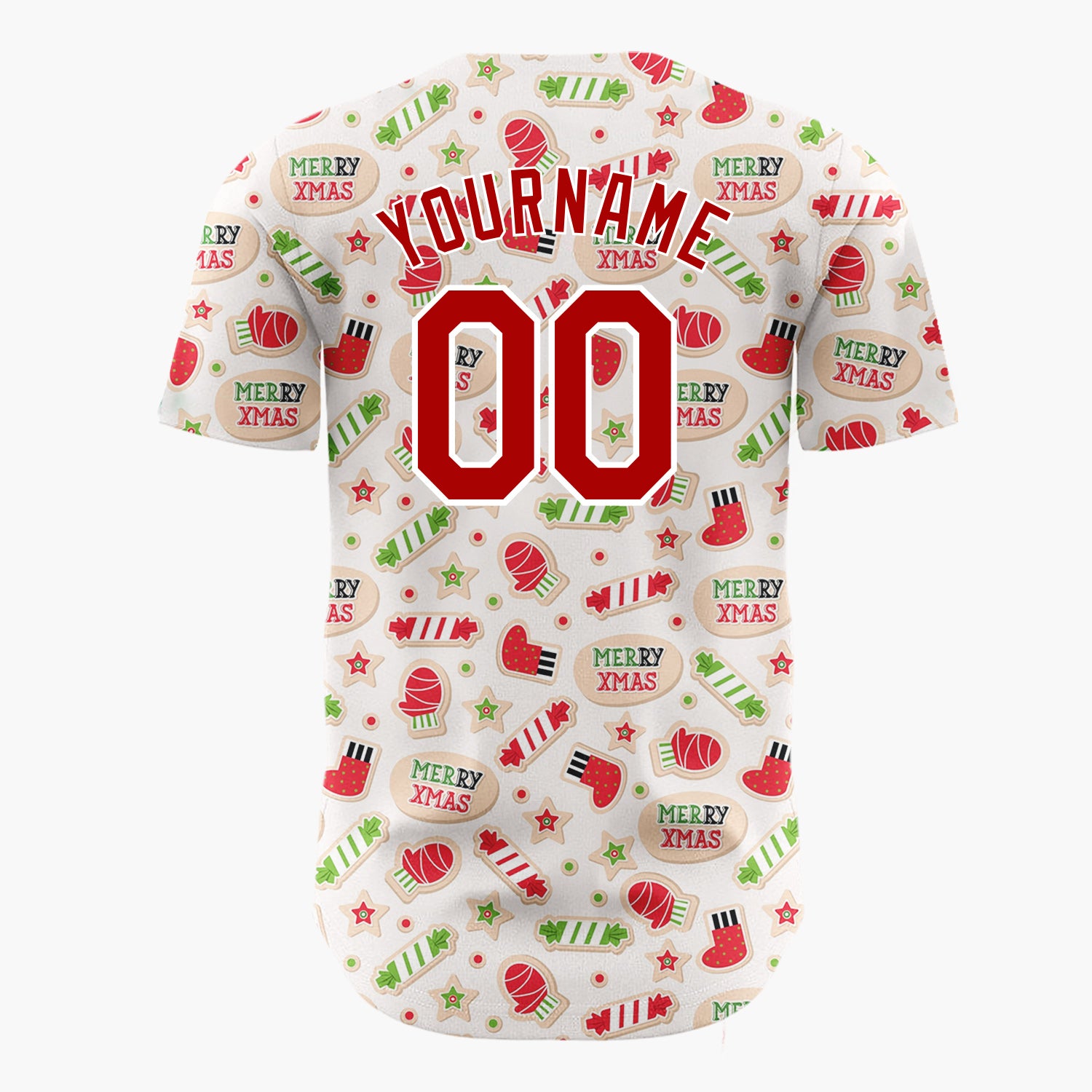 Custom Beige Red Green Mittens Candy Canes And Socks Merry Xmas Pattern Christmas Baseball Jersey
