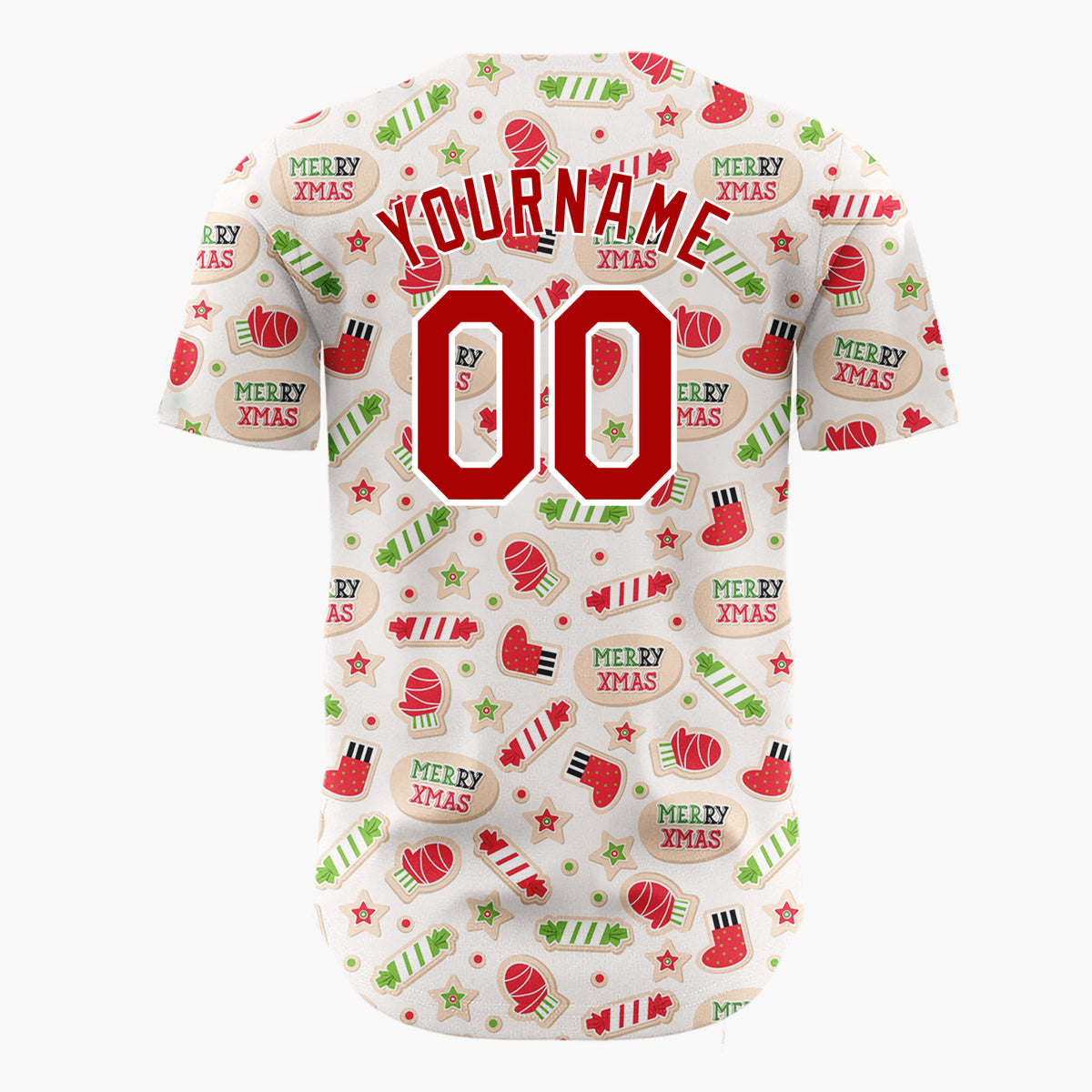 Custom Beige Red Green Mittens Candy Canes And Socks Merry Xmas Pattern Christmas Baseball Jersey