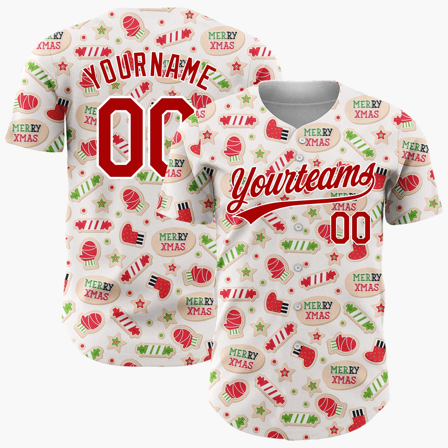 Custom Beige Red Green Mittens Candy Canes And Socks Merry Xmas Pattern Christmas Baseball Jersey