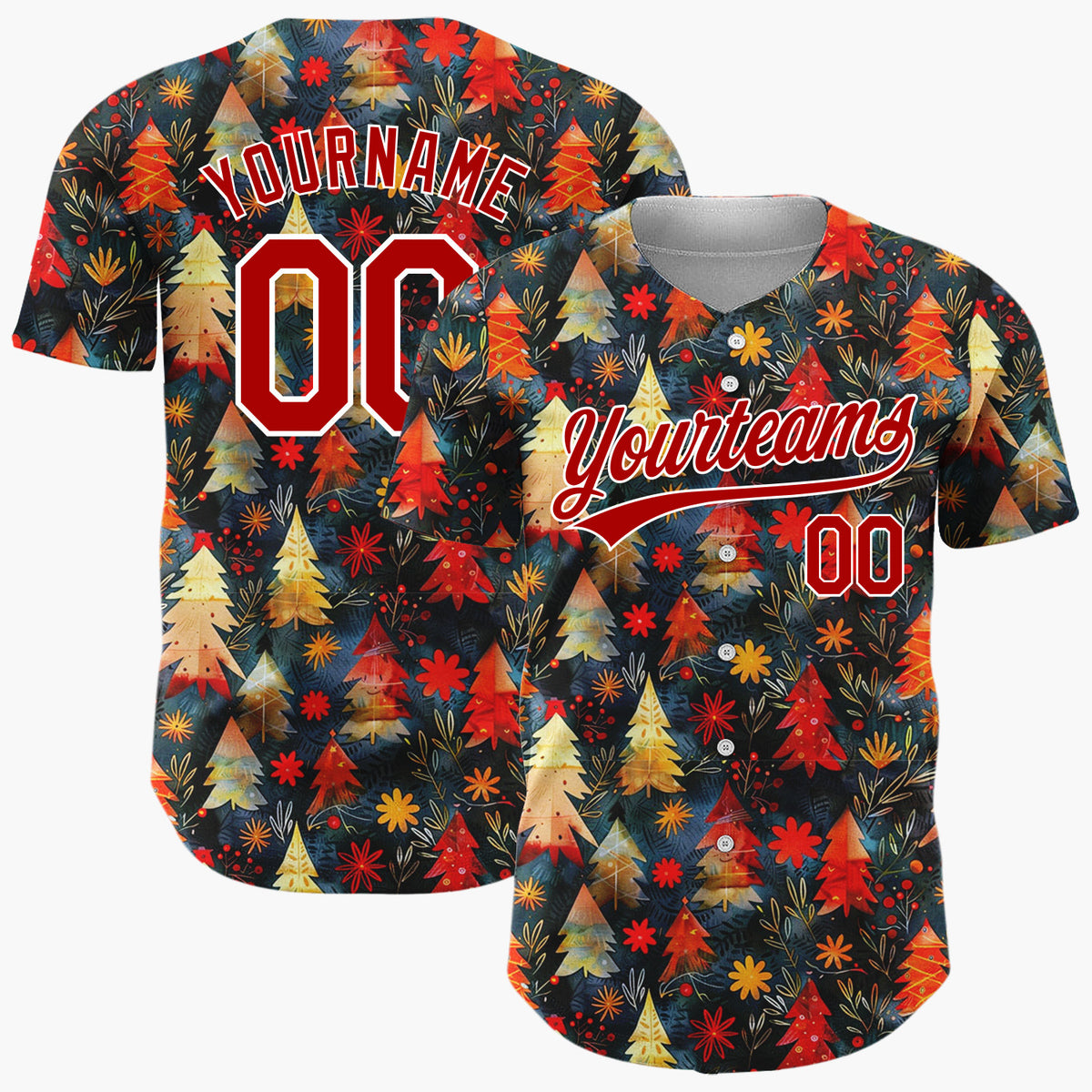 Custom Black Christmas Trees Holly Cartoon Gradient Pattern Christmas Baseball Jersey