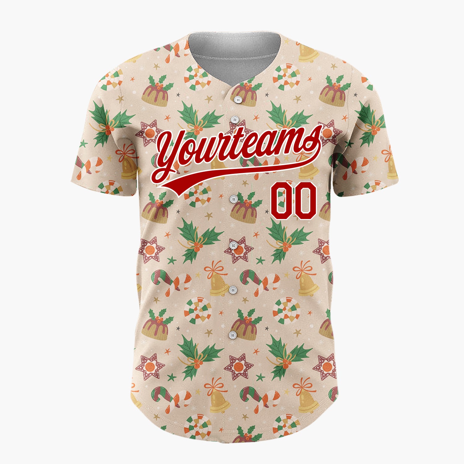 Custom Beige Candy Canes Holly And Bells Sweet Christmas Baseball Jersey