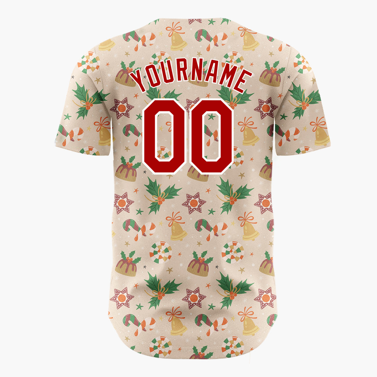 Custom Beige Candy Canes Holly And Bells Sweet Christmas Baseball Jersey