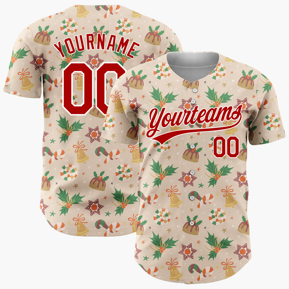 Custom Beige Candy Canes Holly And Bells Sweet Christmas Baseball Jersey