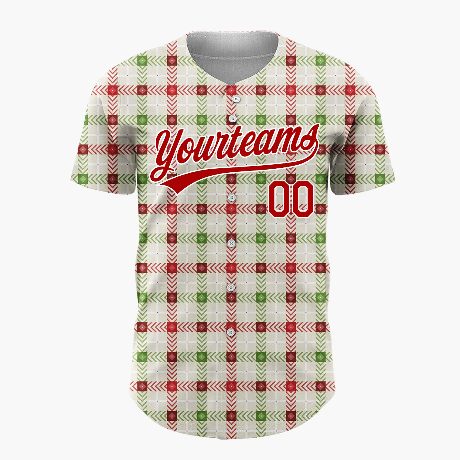 Custom Beige Red Green Chevron Christmas Plaid Pattern Christmas Baseball Jersey