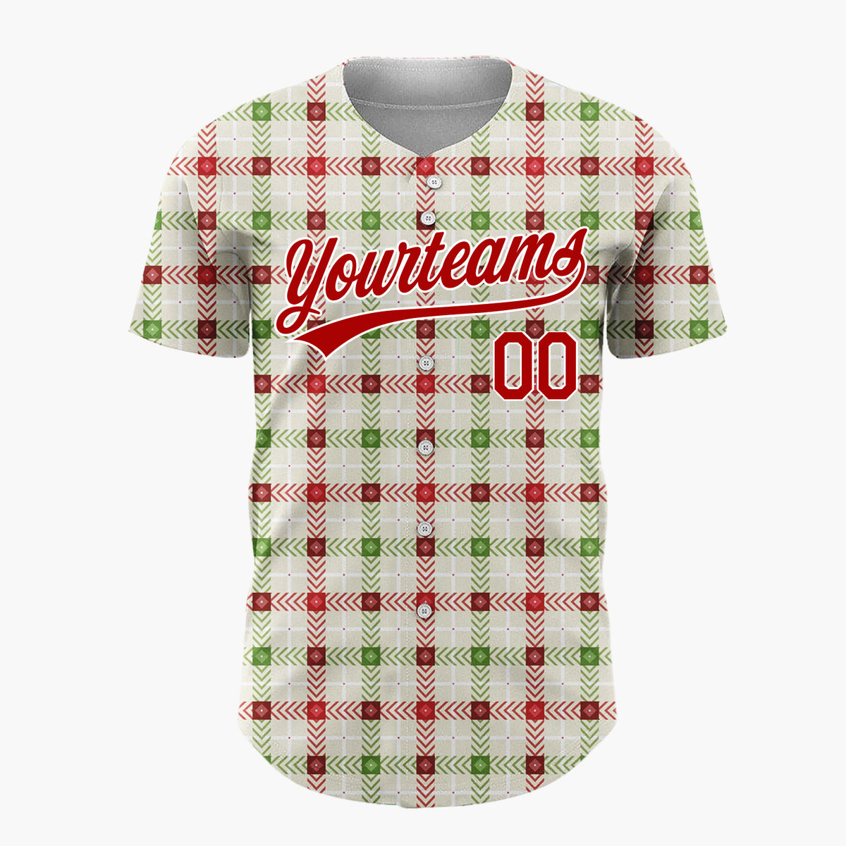Custom Beige Red Green Chevron Christmas Plaid Pattern Christmas Baseball Jersey