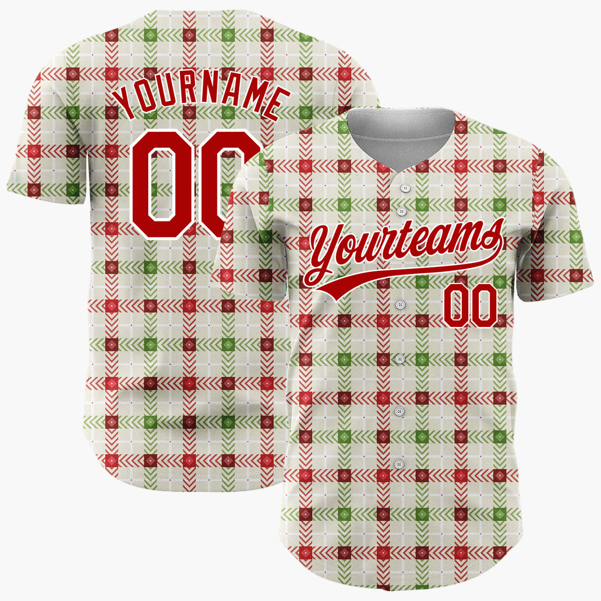 Custom Beige Red Green Chevron Christmas Plaid Pattern Christmas Baseball Jersey