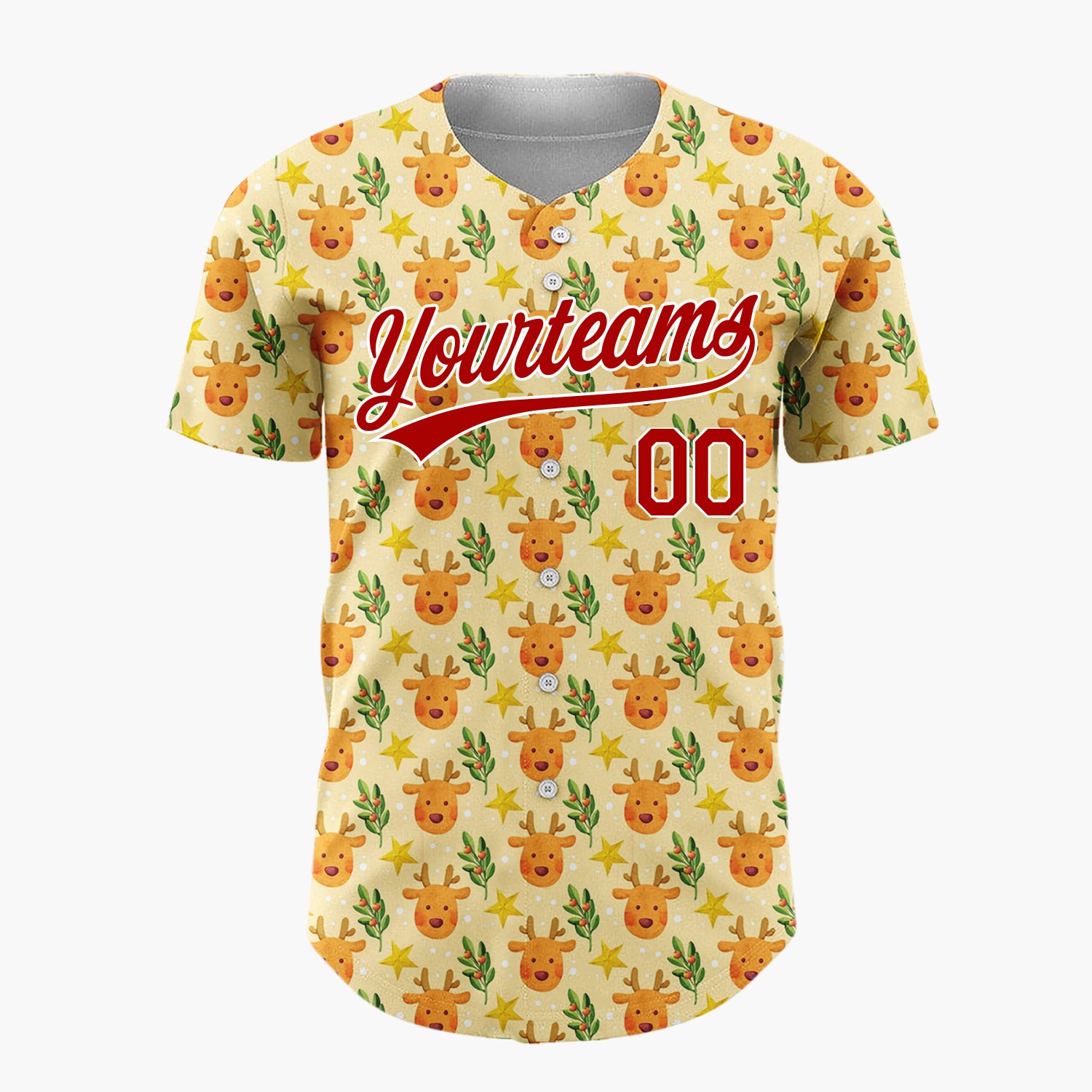 Custom Beige Brown Yellow Reindeer Stars And Holly Leaves Cute Christmas Baseball Jersey