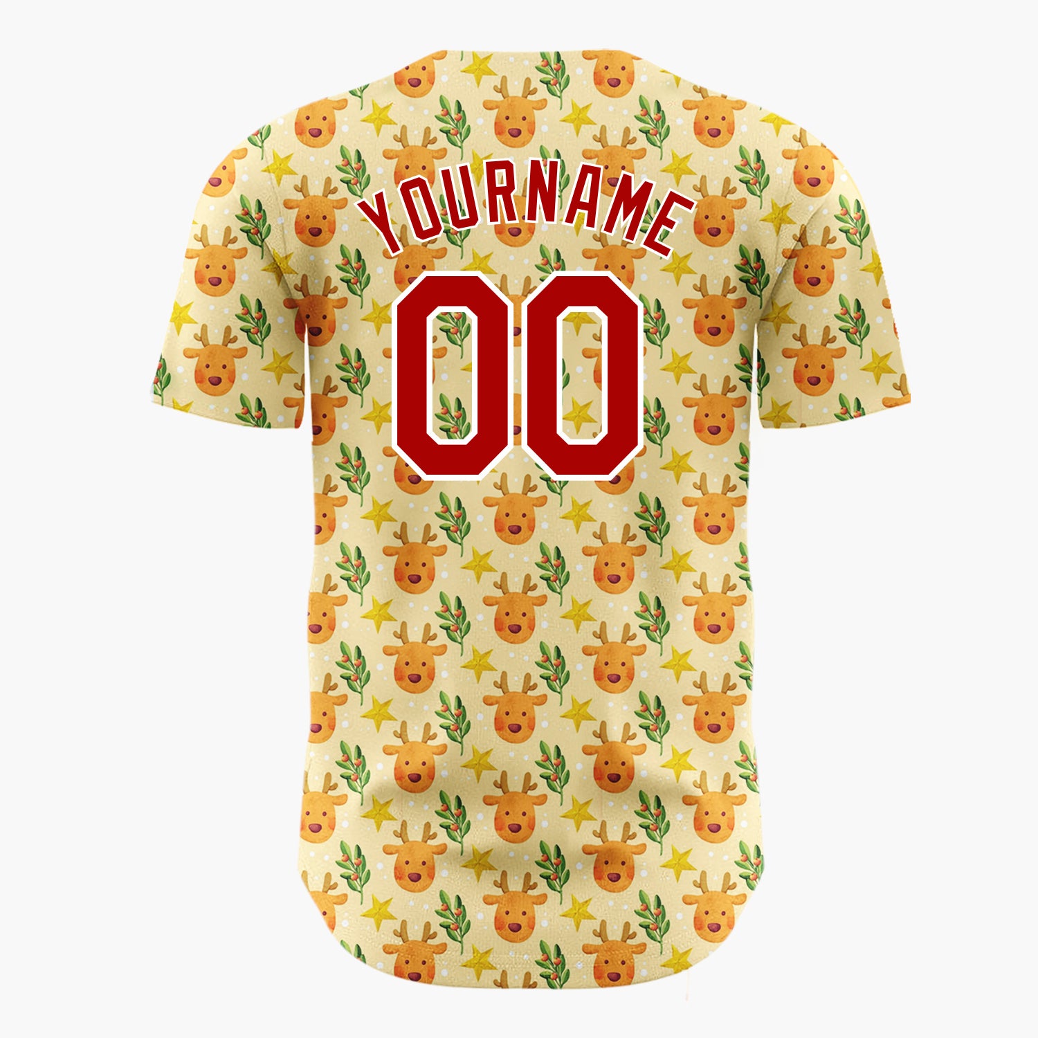 Custom Beige Brown Yellow Reindeer Stars And Holly Leaves Cute Christmas Baseball Jersey