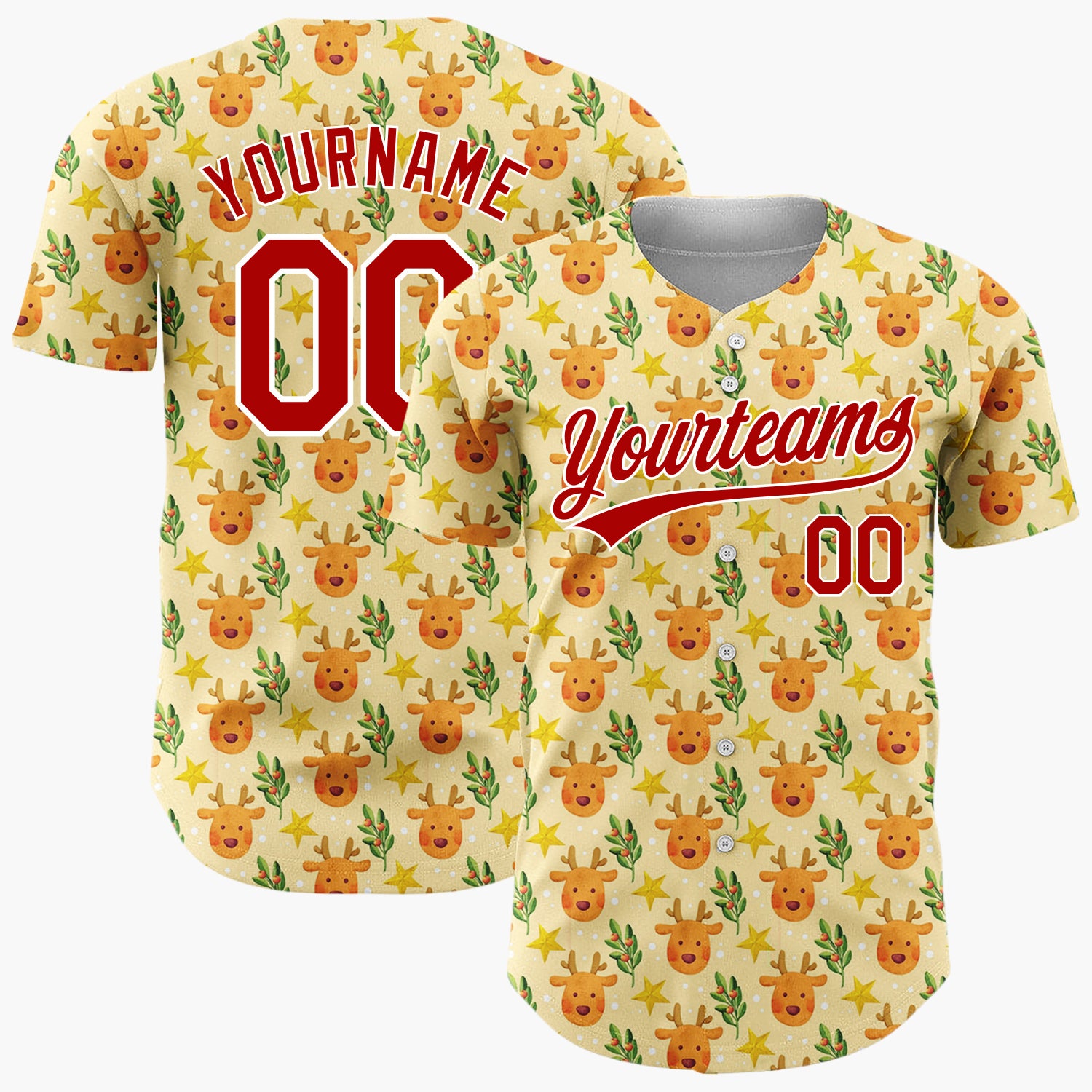 Custom Beige Brown Yellow Reindeer Stars And Holly Leaves Cute Christmas Baseball Jersey