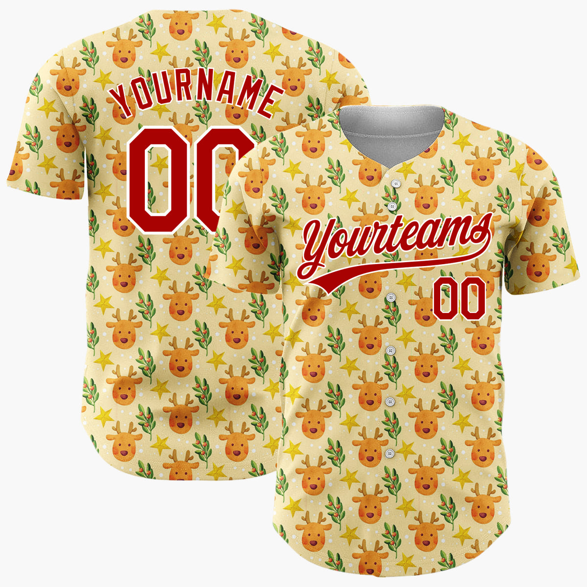 Custom Beige Brown Yellow Reindeer Stars And Holly Leaves Cute Christmas Baseball Jersey