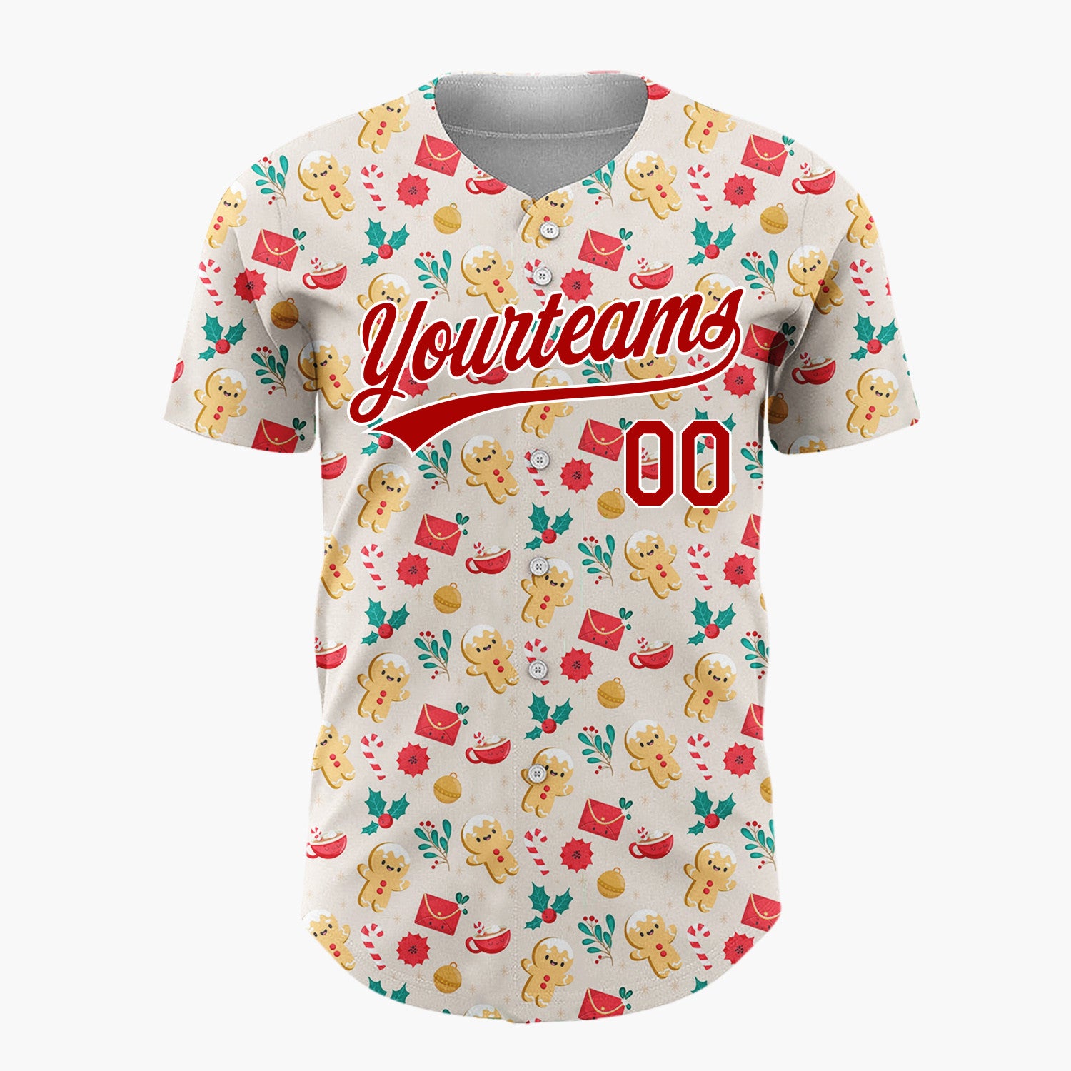 Custom Beige Christmas Gingerman Love Story Simple Cartoon Pattern Christmas Baseball Jersey