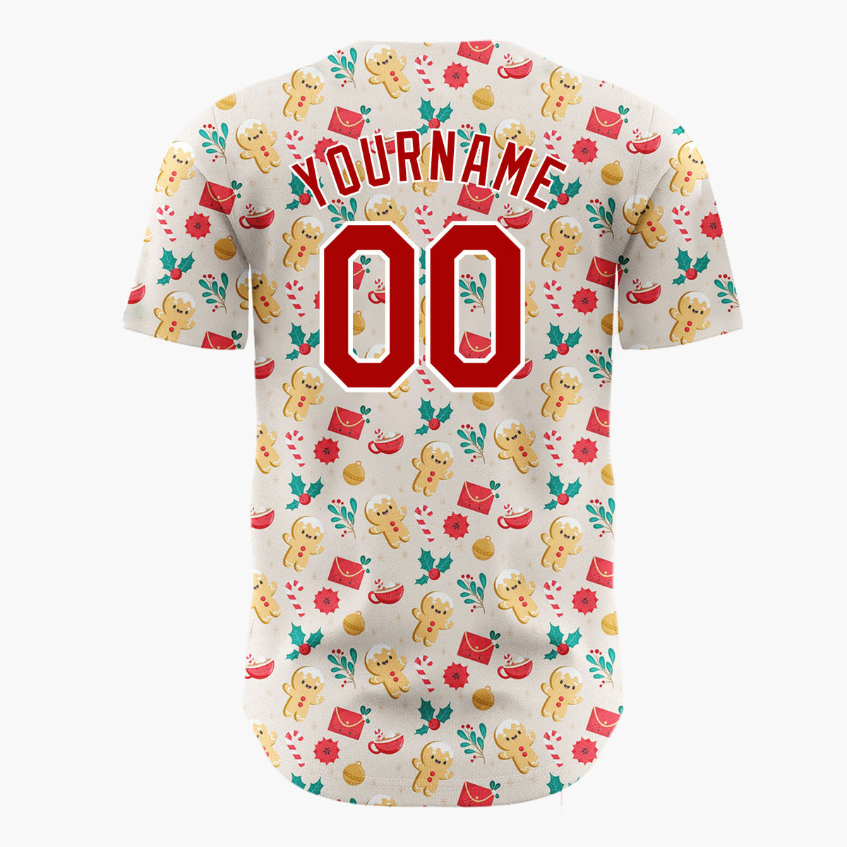 Custom Beige Christmas Gingerman Love Story Simple Cartoon Pattern Christmas Baseball Jersey