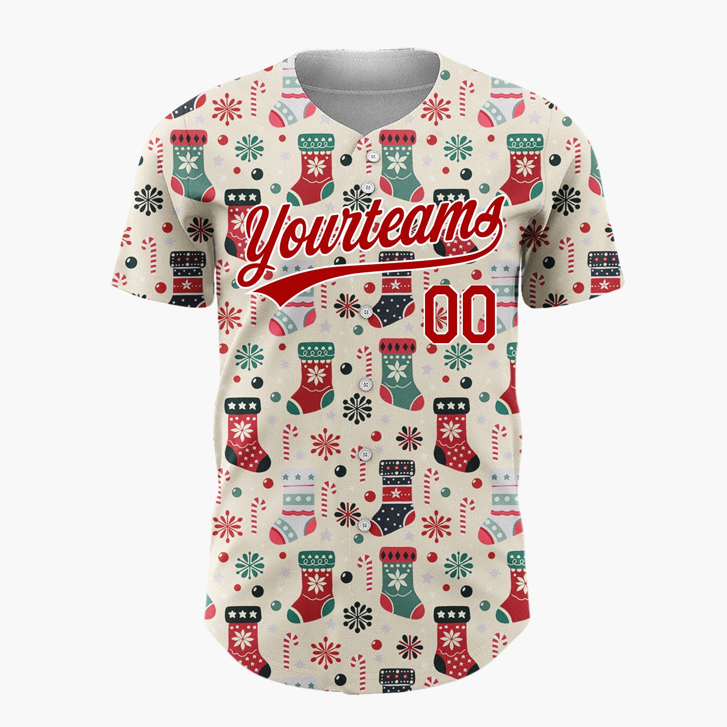 Custom Beige Christmas Stockings Candy Canes Folk Art Christmas Baseball Jersey