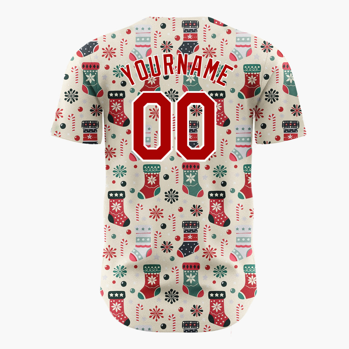 Custom Beige Christmas Stockings Candy Canes Folk Art Christmas Baseball Jersey