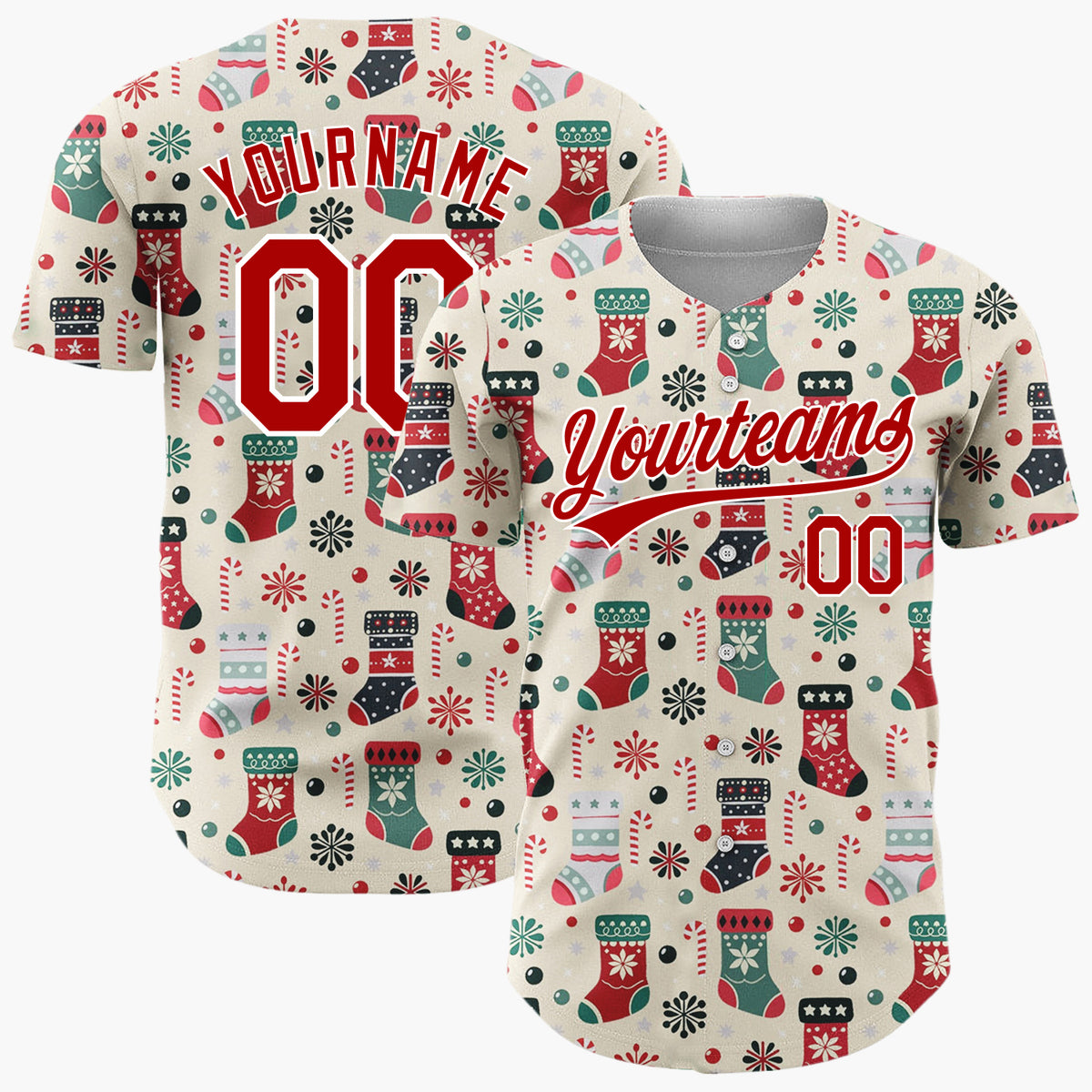 Custom Beige Christmas Stockings Candy Canes Folk Art Christmas Baseball Jersey