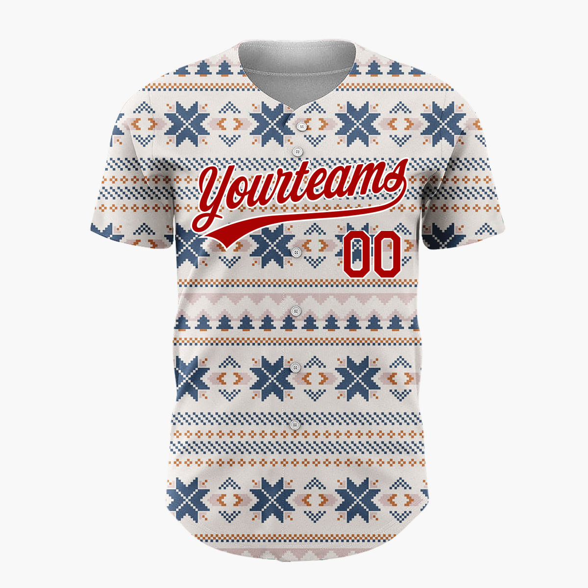 Custom Beige Navy Nordic Fair Isle Knitted Pattern Christmas Baseball Jersey