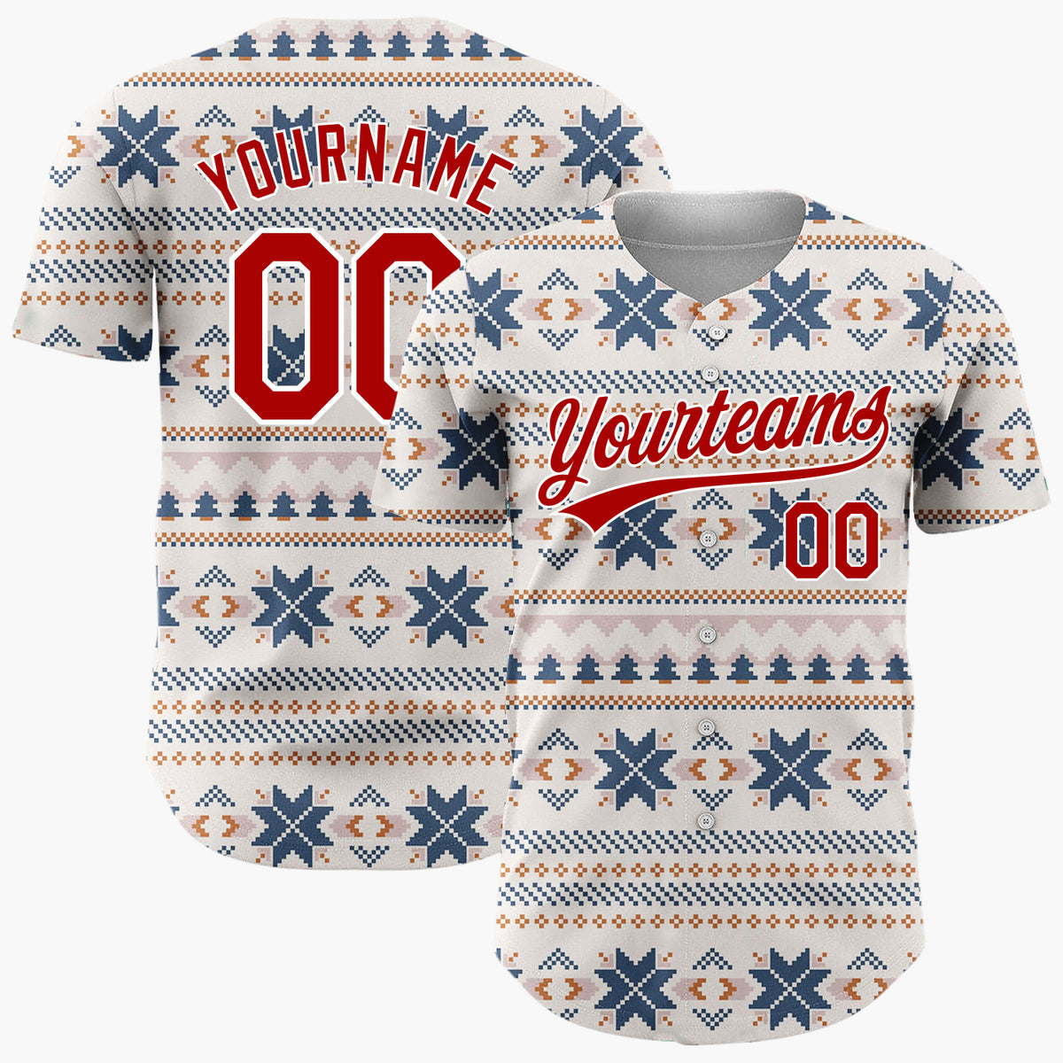 Custom Beige Navy Nordic Fair Isle Knitted Pattern Christmas Baseball Jersey
