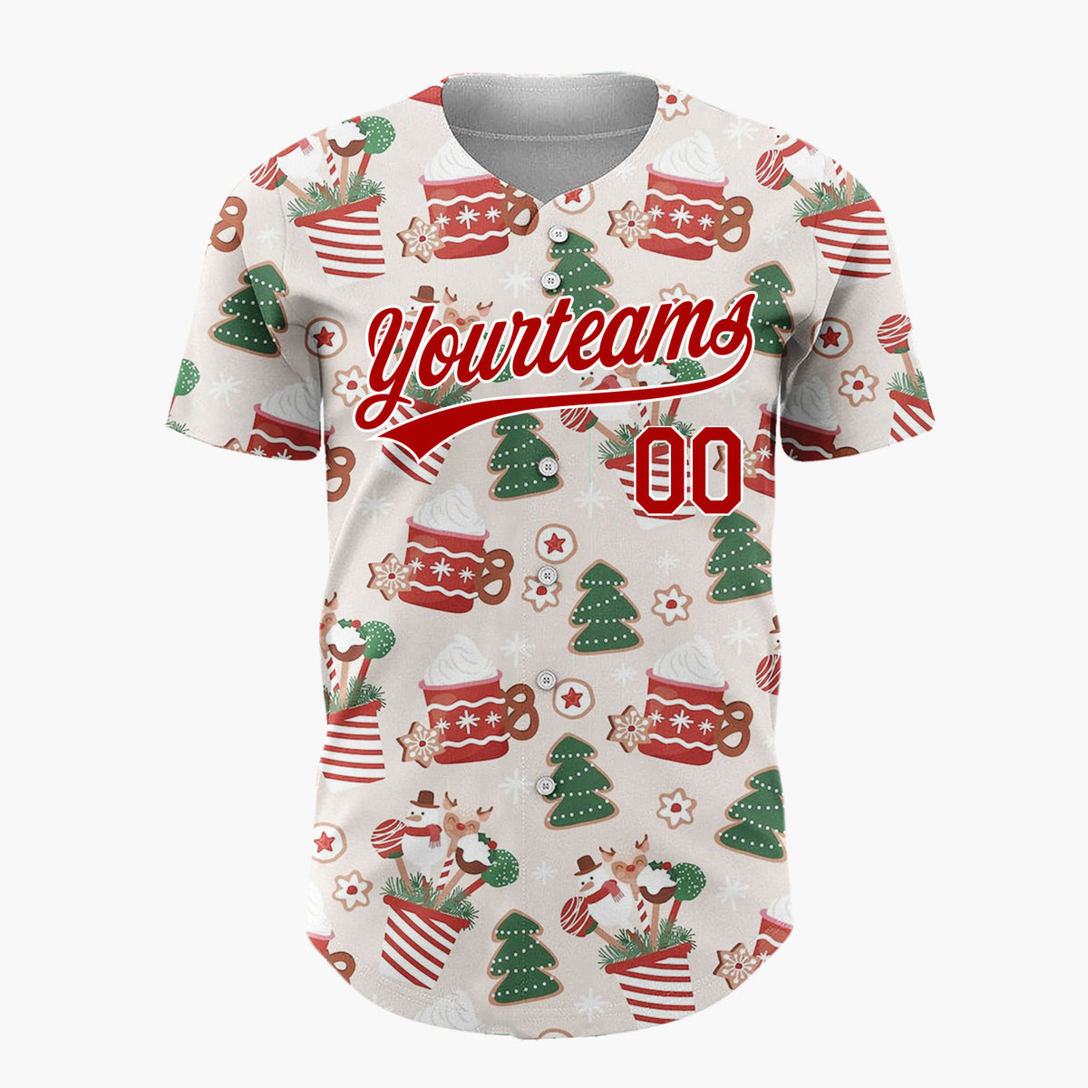 Custom Beige Red Green Cocoa Mugs Gingerbread Trees And Snowmen Christmas Baseball Jersey