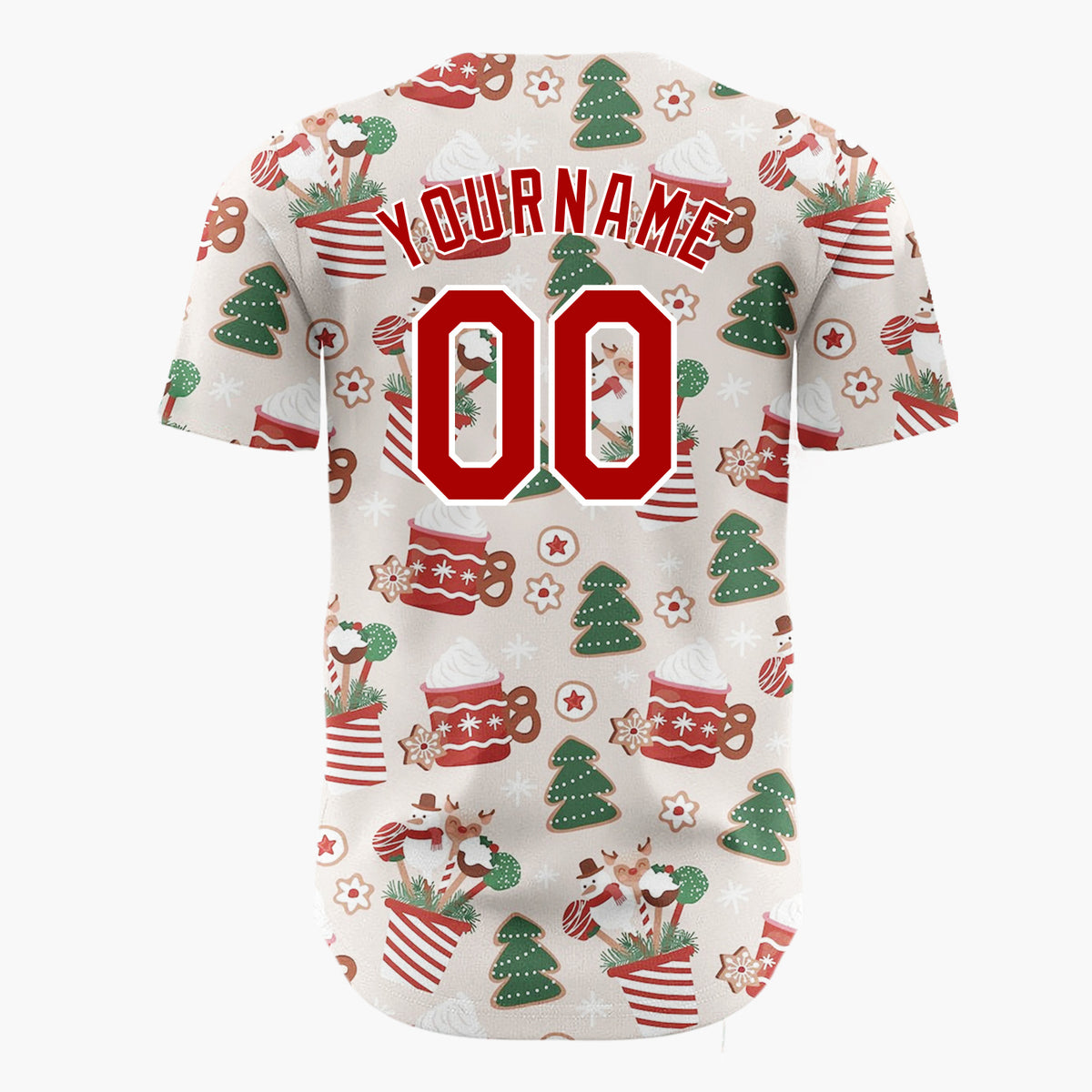 Custom Beige Red Green Cocoa Mugs Gingerbread Trees And Snowmen Christmas Baseball Jersey
