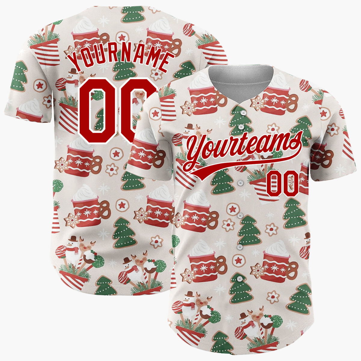 Custom Beige Red Green Cocoa Mugs Gingerbread Trees And Snowmen Christmas Baseball Jersey