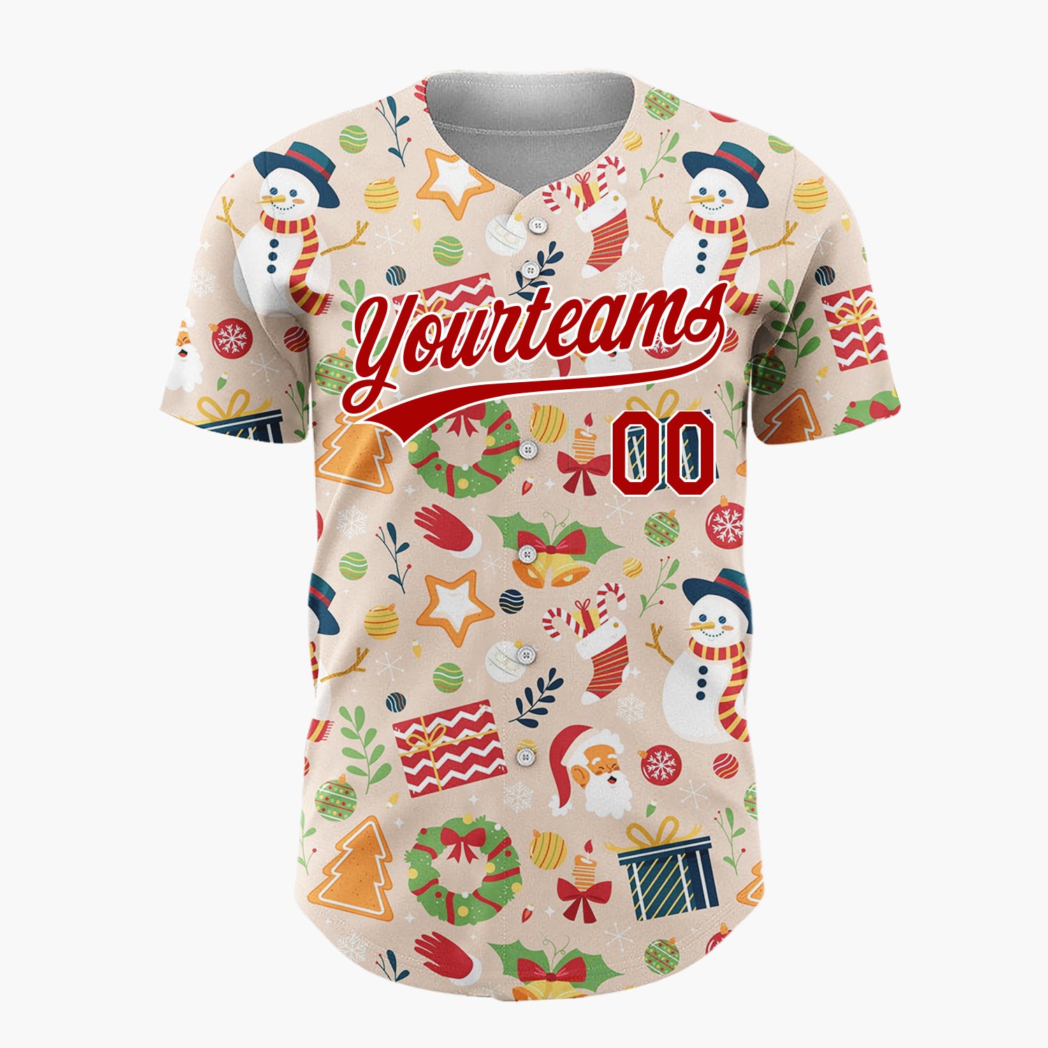 Custom Beige Snowman Gingerbread Cartoon Pattern Christmas Baseball Jersey