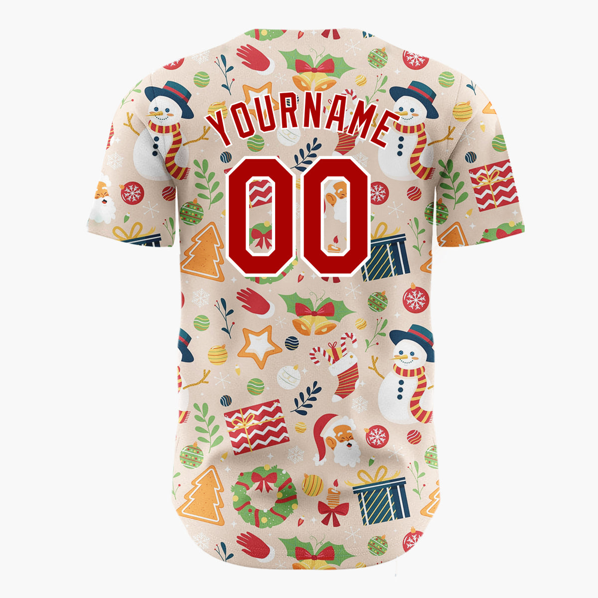 Custom Beige Snowman Gingerbread Cartoon Pattern Christmas Baseball Jersey