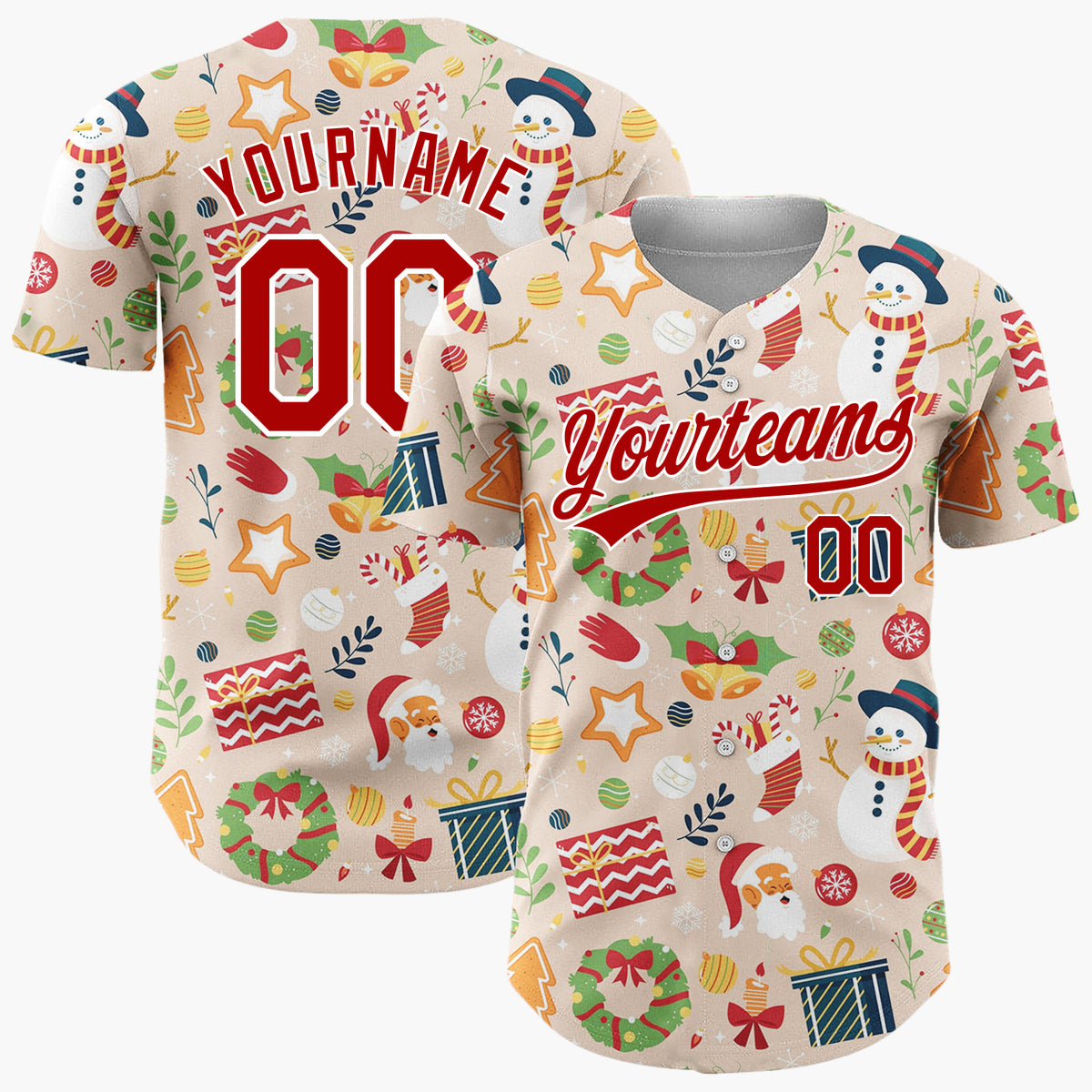 Custom Beige Snowman Gingerbread Cartoon Pattern Christmas Baseball Jersey