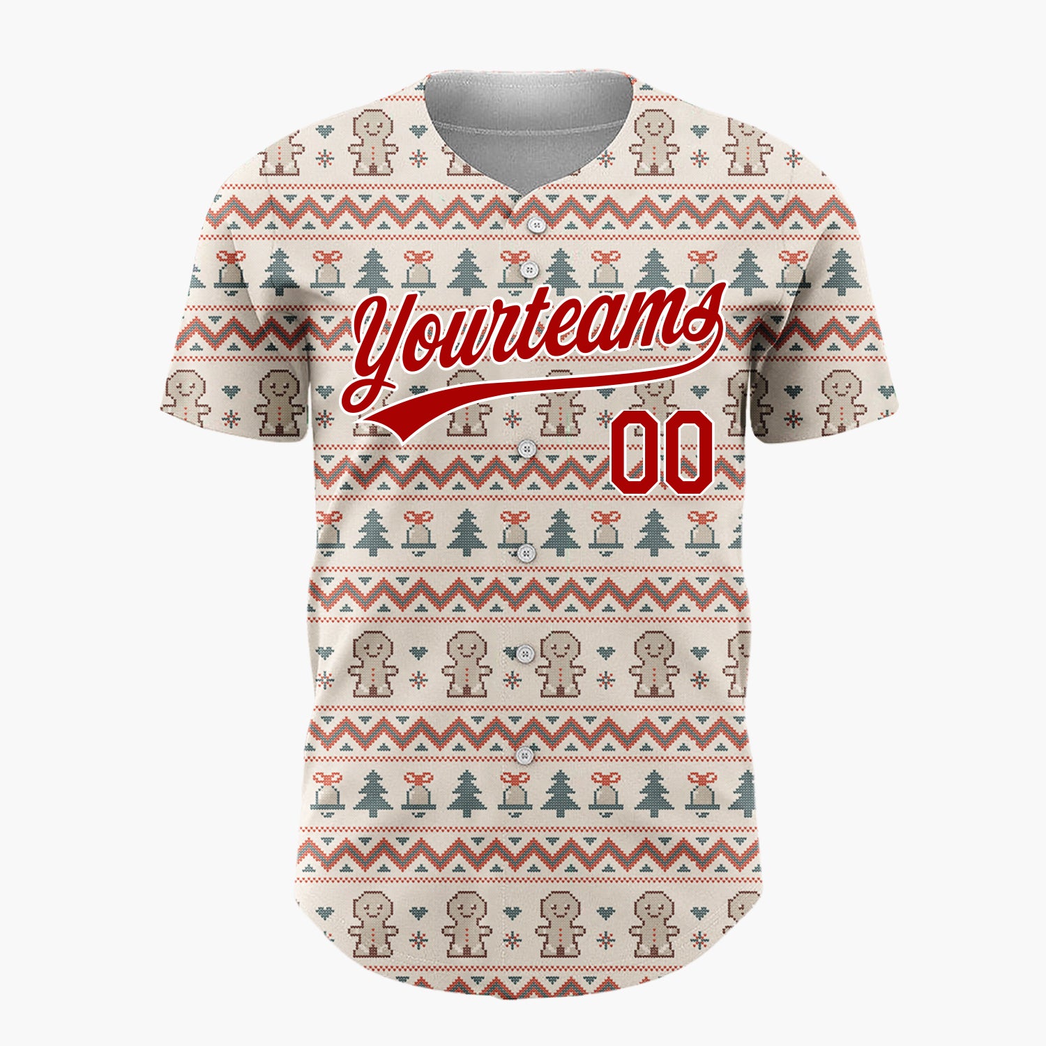 Custom Beige Red Green Gingerbread Man Nordic Knit Pattern Christmas Baseball Jersey