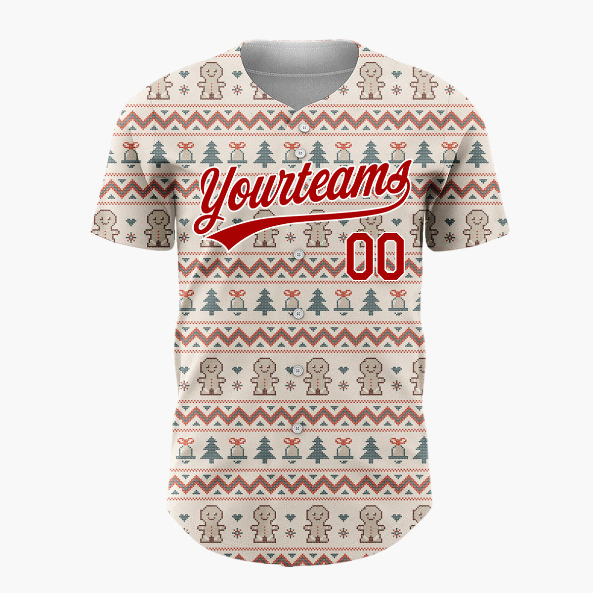 Custom Beige Red Green Gingerbread Man Nordic Knit Pattern Christmas Baseball Jersey