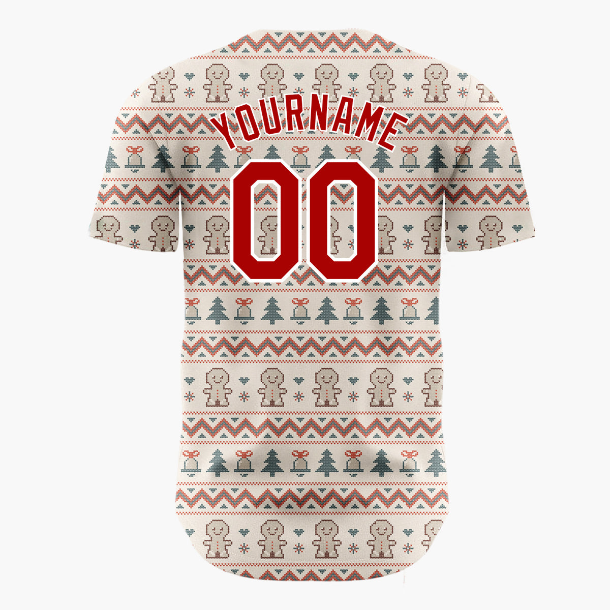 Custom Beige Red Green Gingerbread Man Nordic Knit Pattern Christmas Baseball Jersey