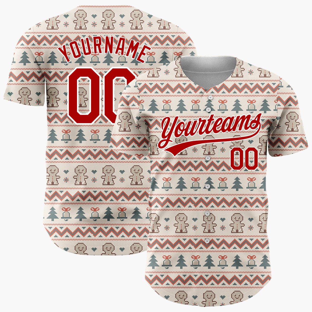 Custom Beige Red Green Gingerbread Man Nordic Knit Pattern Christmas Baseball Jersey
