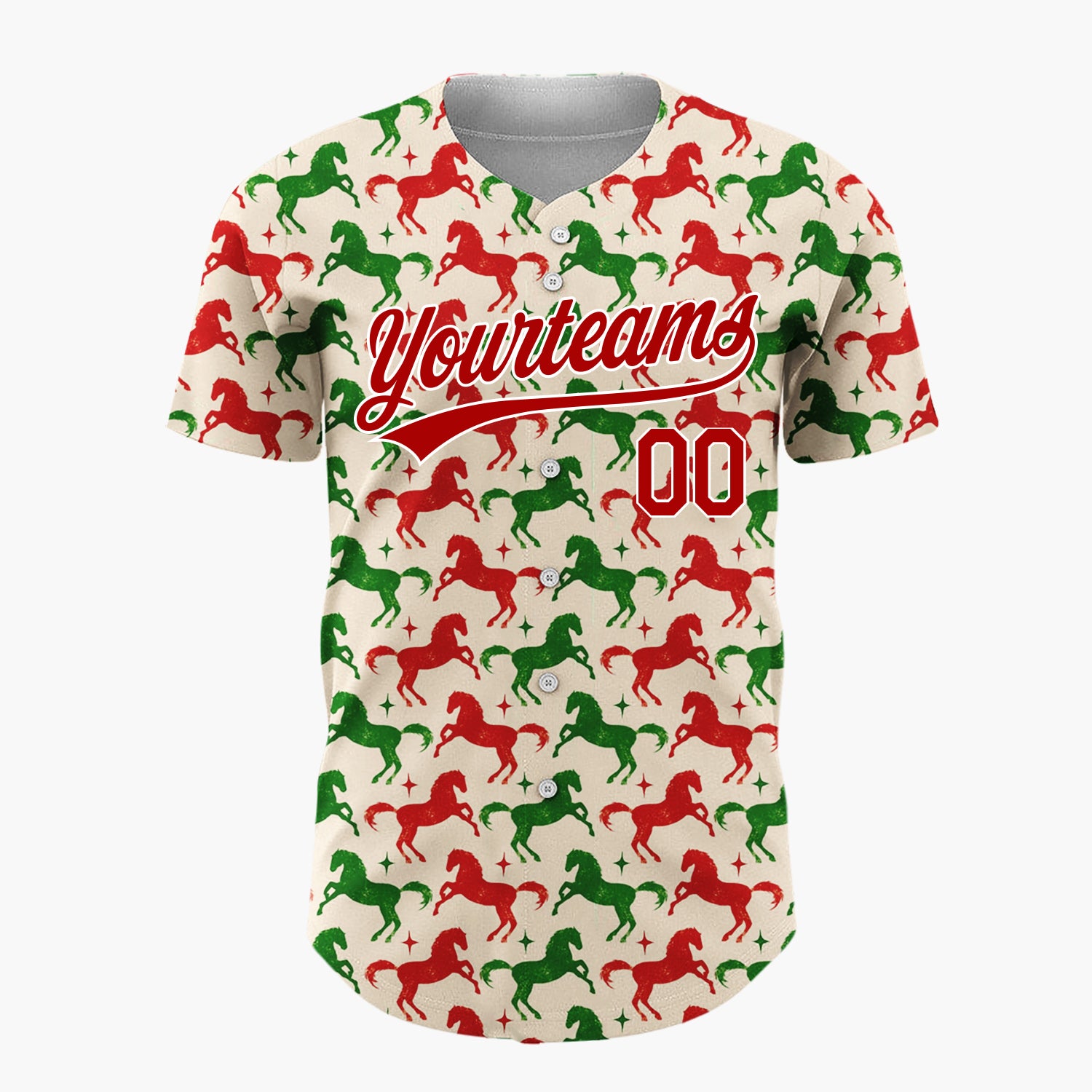 Custom Beige Red  Green Horses With Stars Retro Festive Pattern Christmas Baseball Jersey