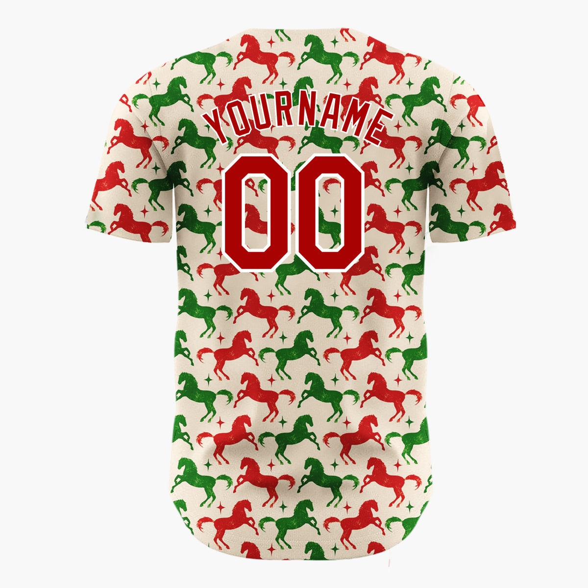 Custom Beige Red  Green Horses With Stars Retro Festive Pattern Christmas Baseball Jersey